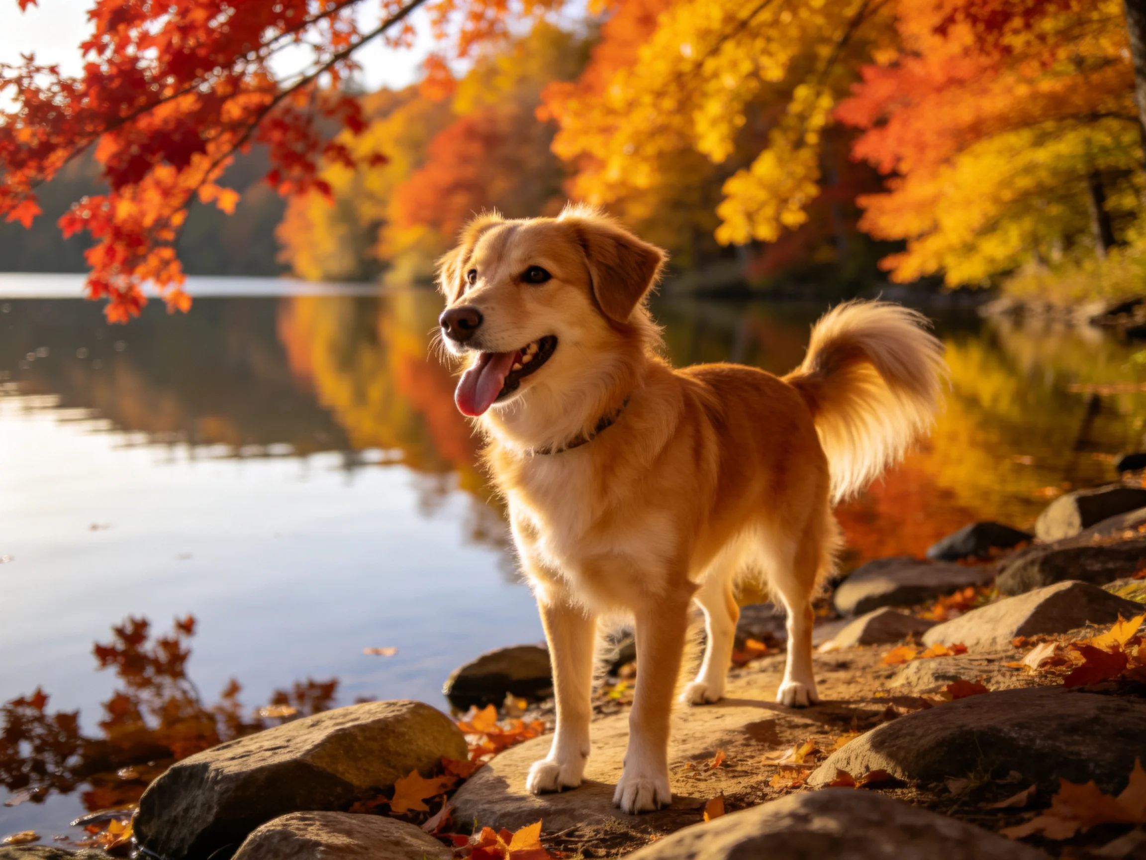 A golden retriever enjoys a peaceful moment by a calm lake among colorful autumn trees