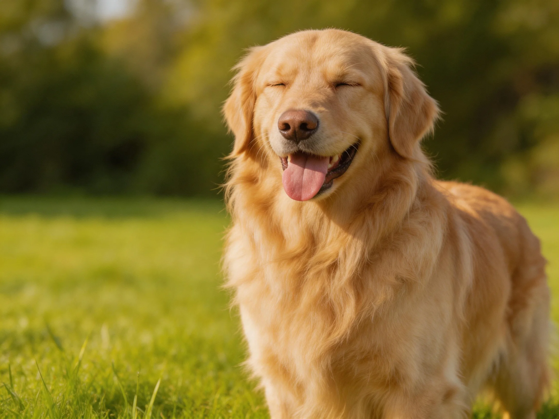 A golden retriever enjoys the outdoors on green grass.
