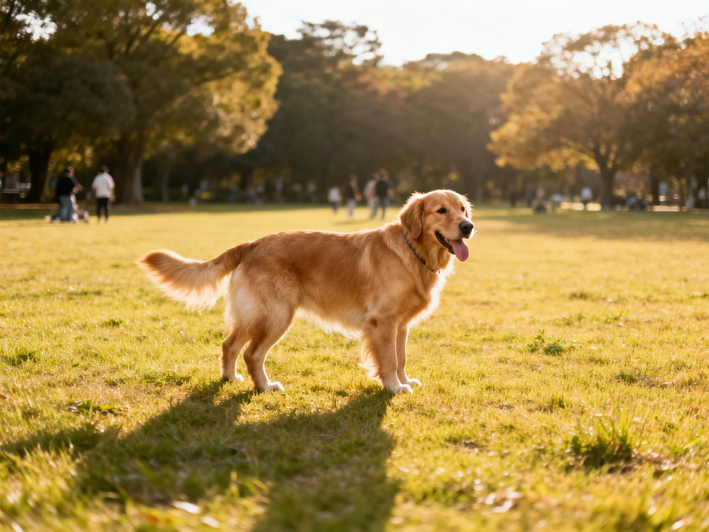 A golden retriever enjoys a sunny day in an open grassy park.