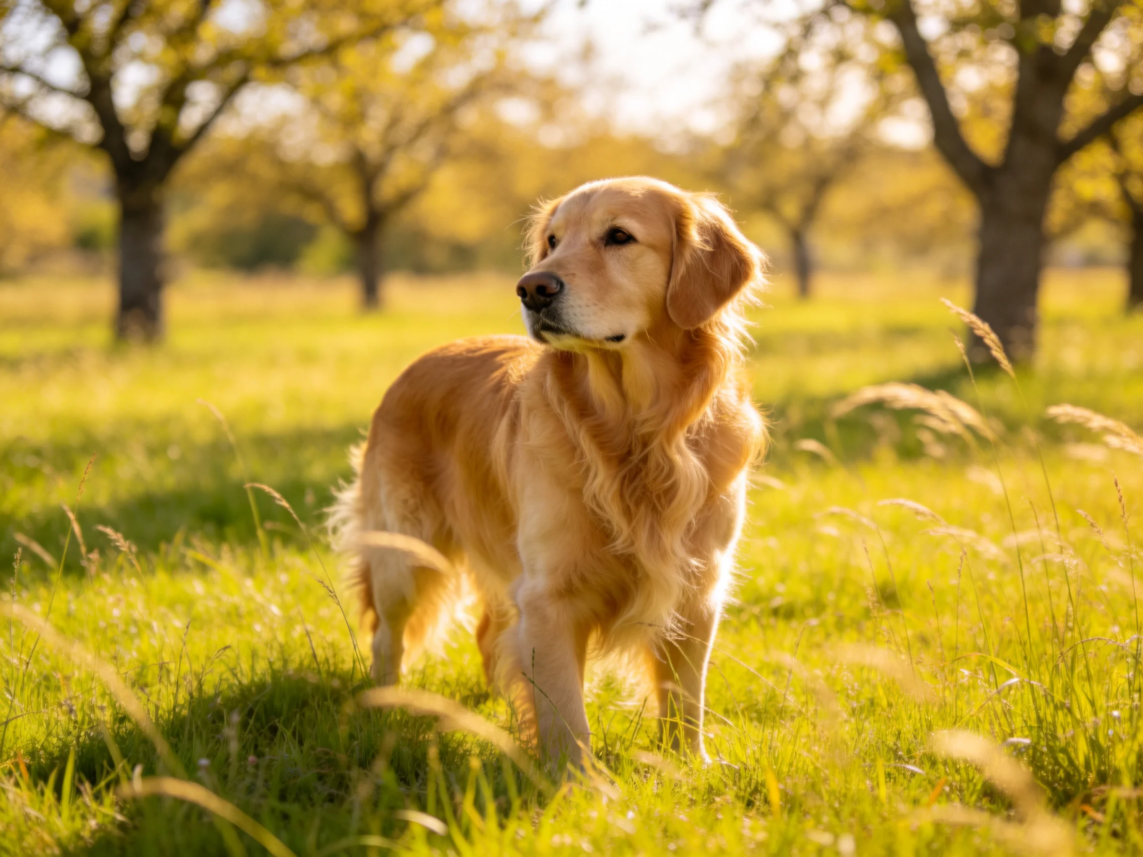 A golden retriever stands in a sunlit green meadow with trees nearby.