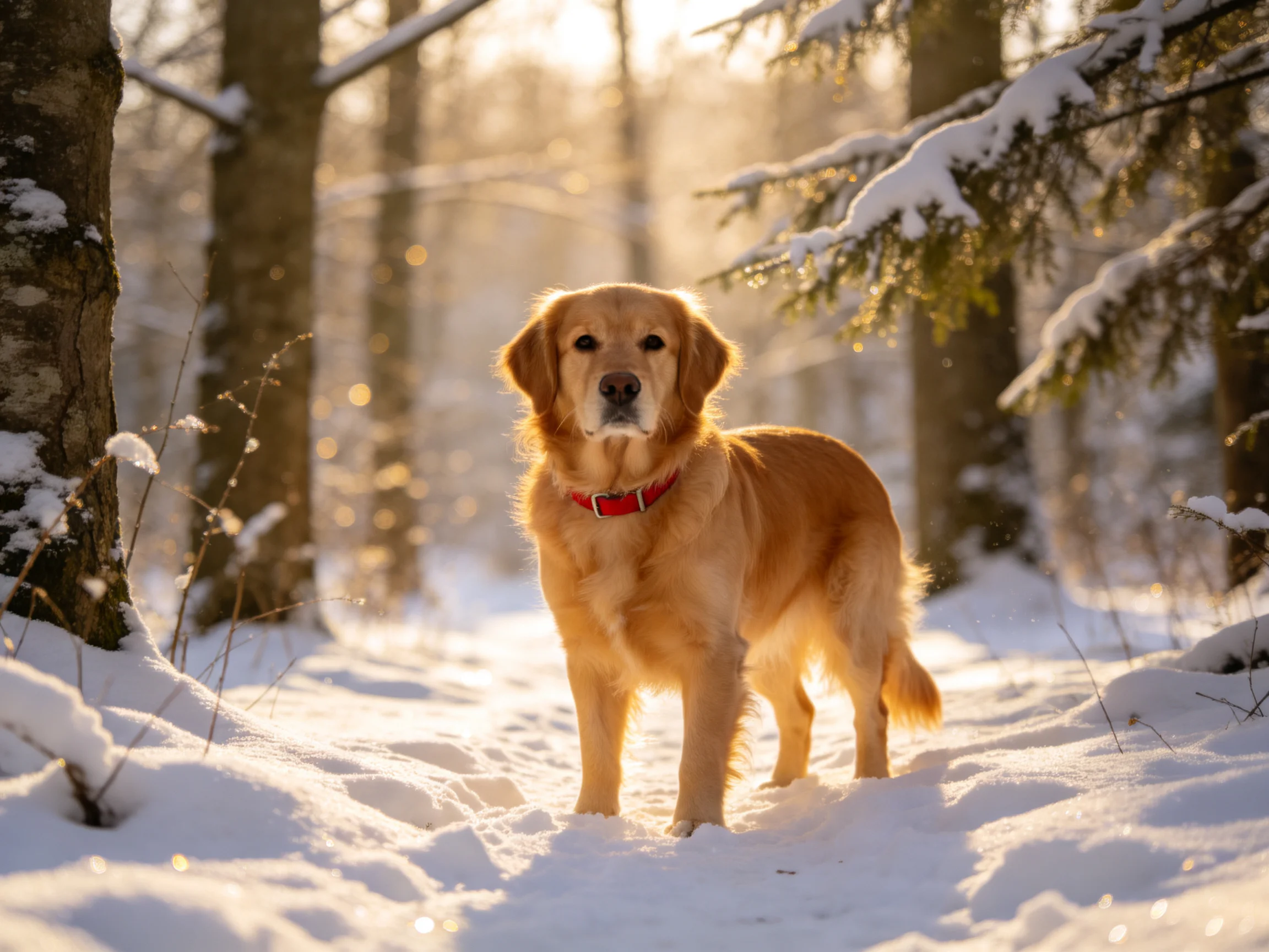 A golden retriever stands in a sunlit snowy forest.
