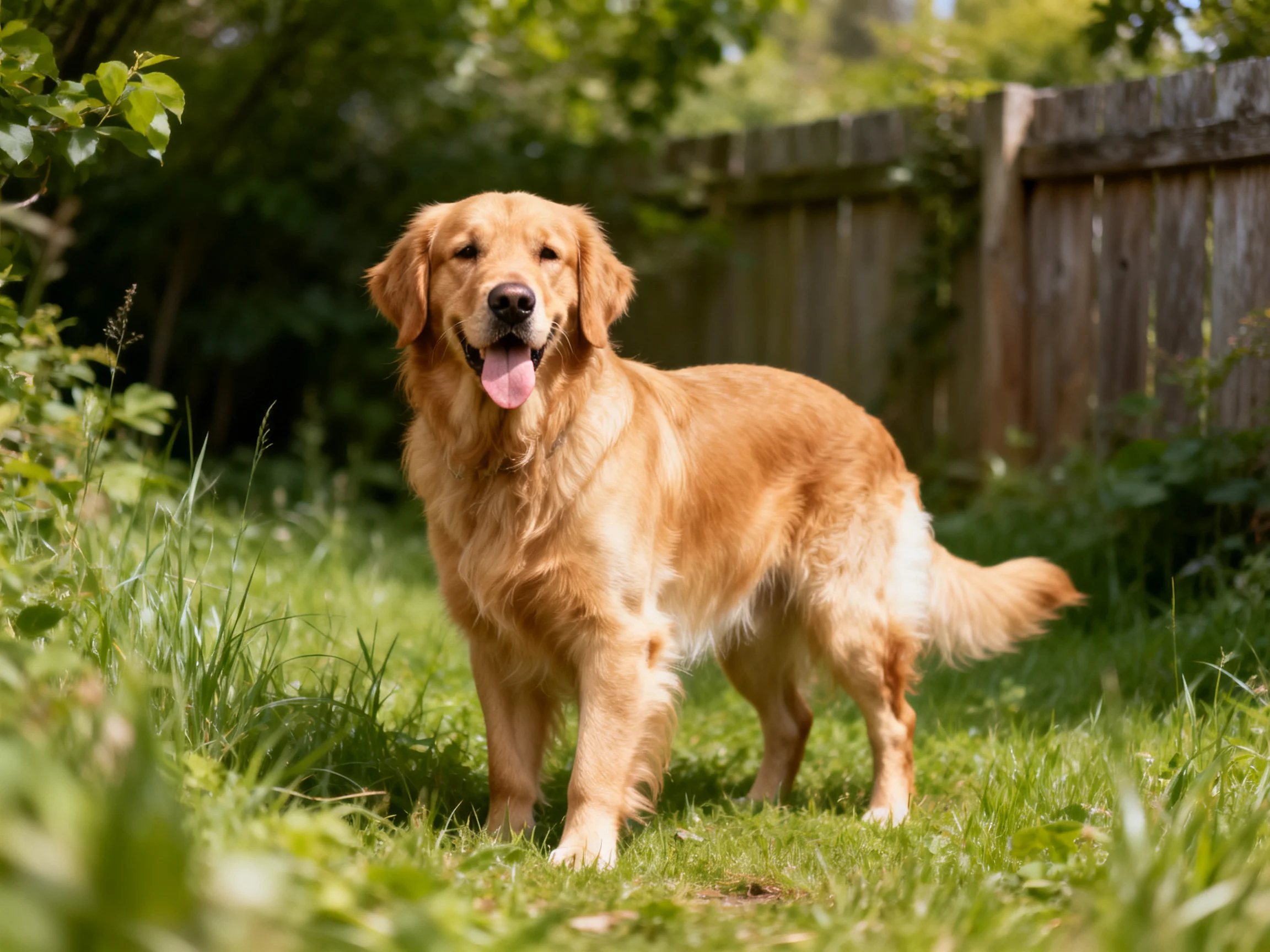 A golden retriever enjoys a sunny day in a grassy backyard.