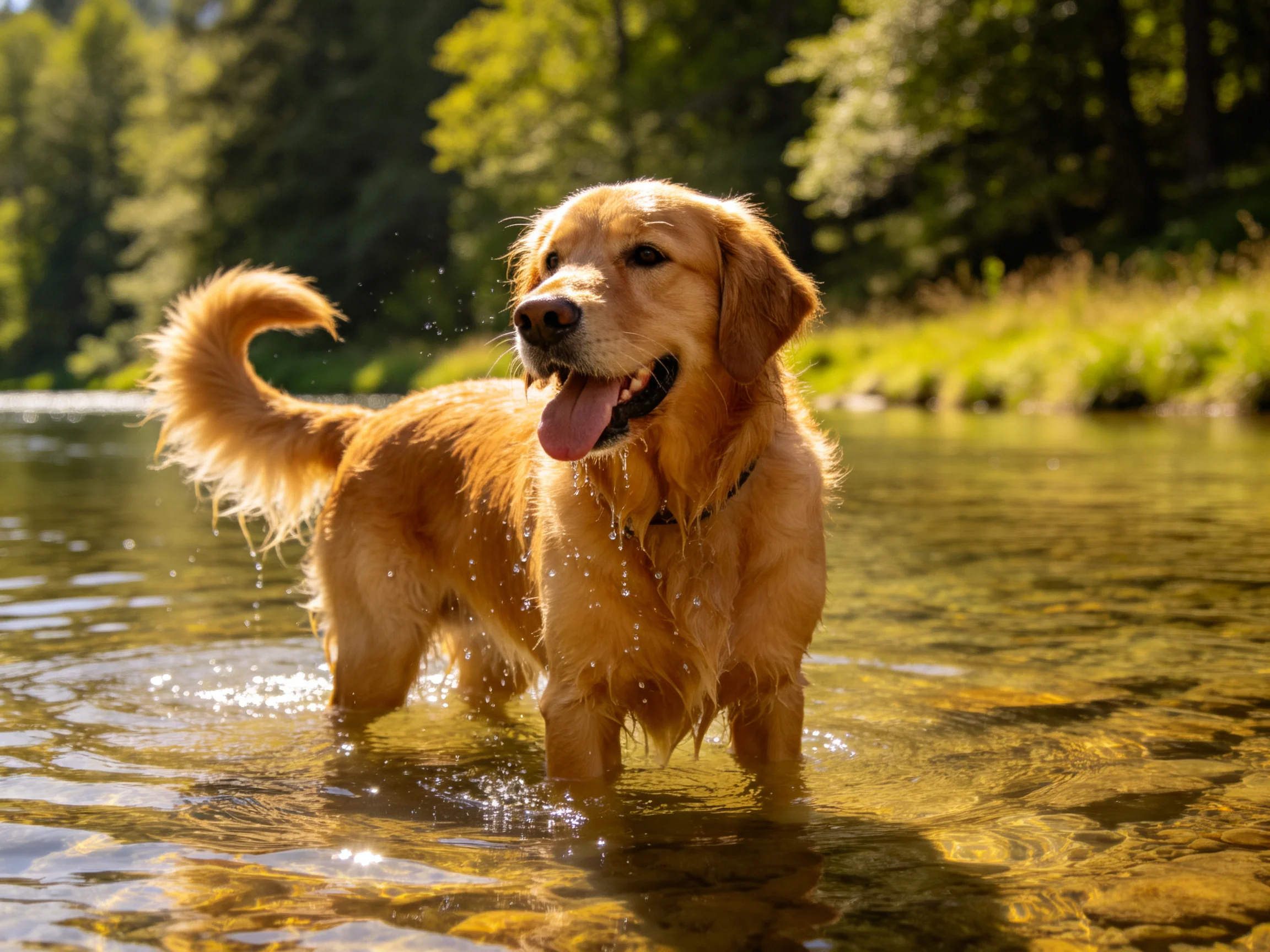 A golden retriever stands in shallow river water under bright sunlight