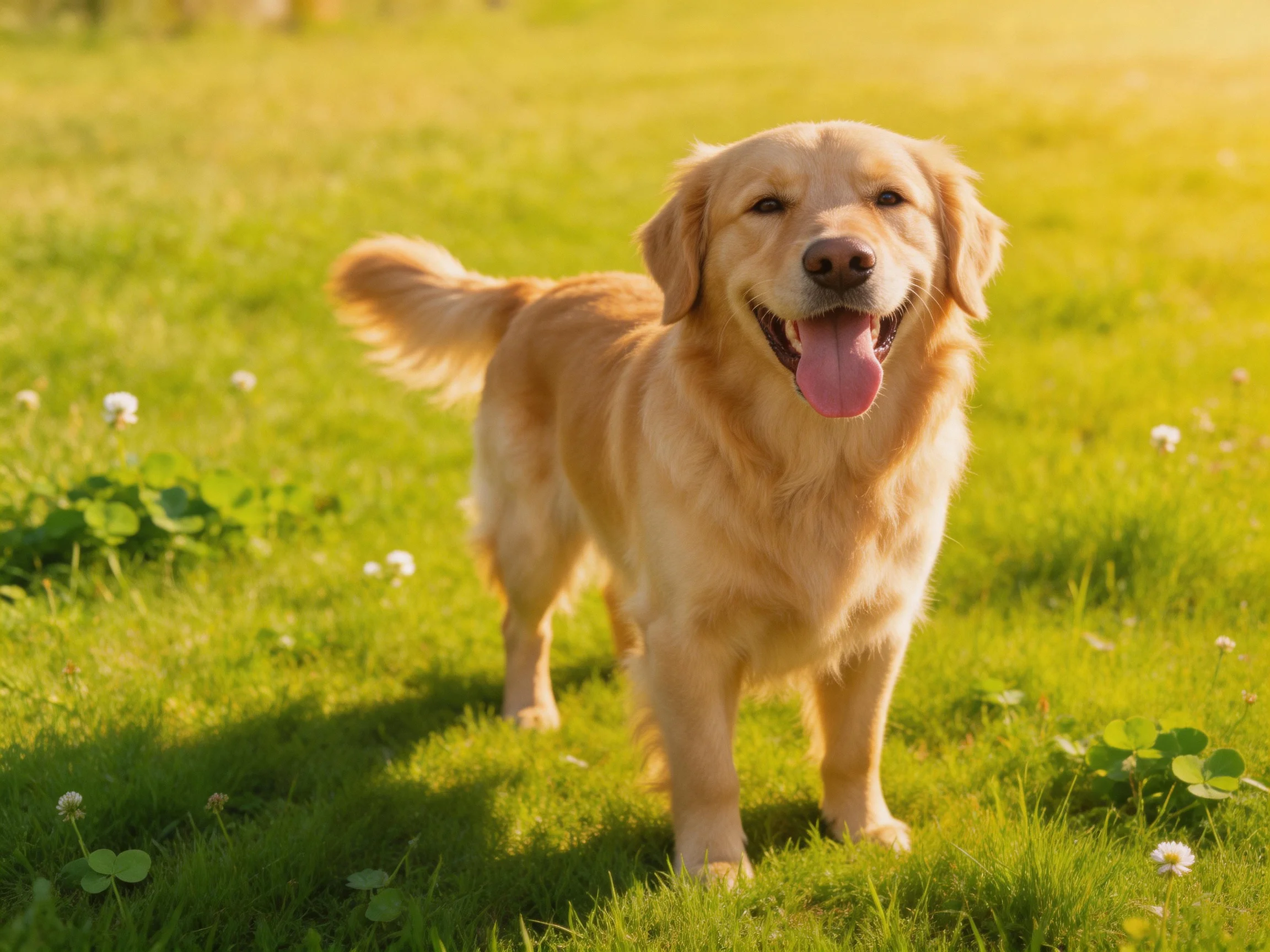 A golden retriever enjoys a sunny day in a green meadow.