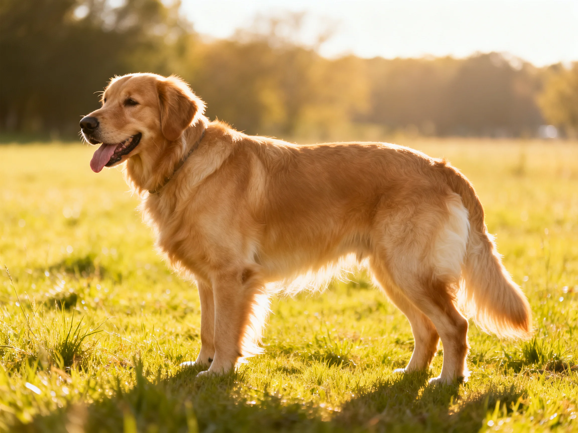 A golden retriever stands peacefully in a sunlit grassy area.