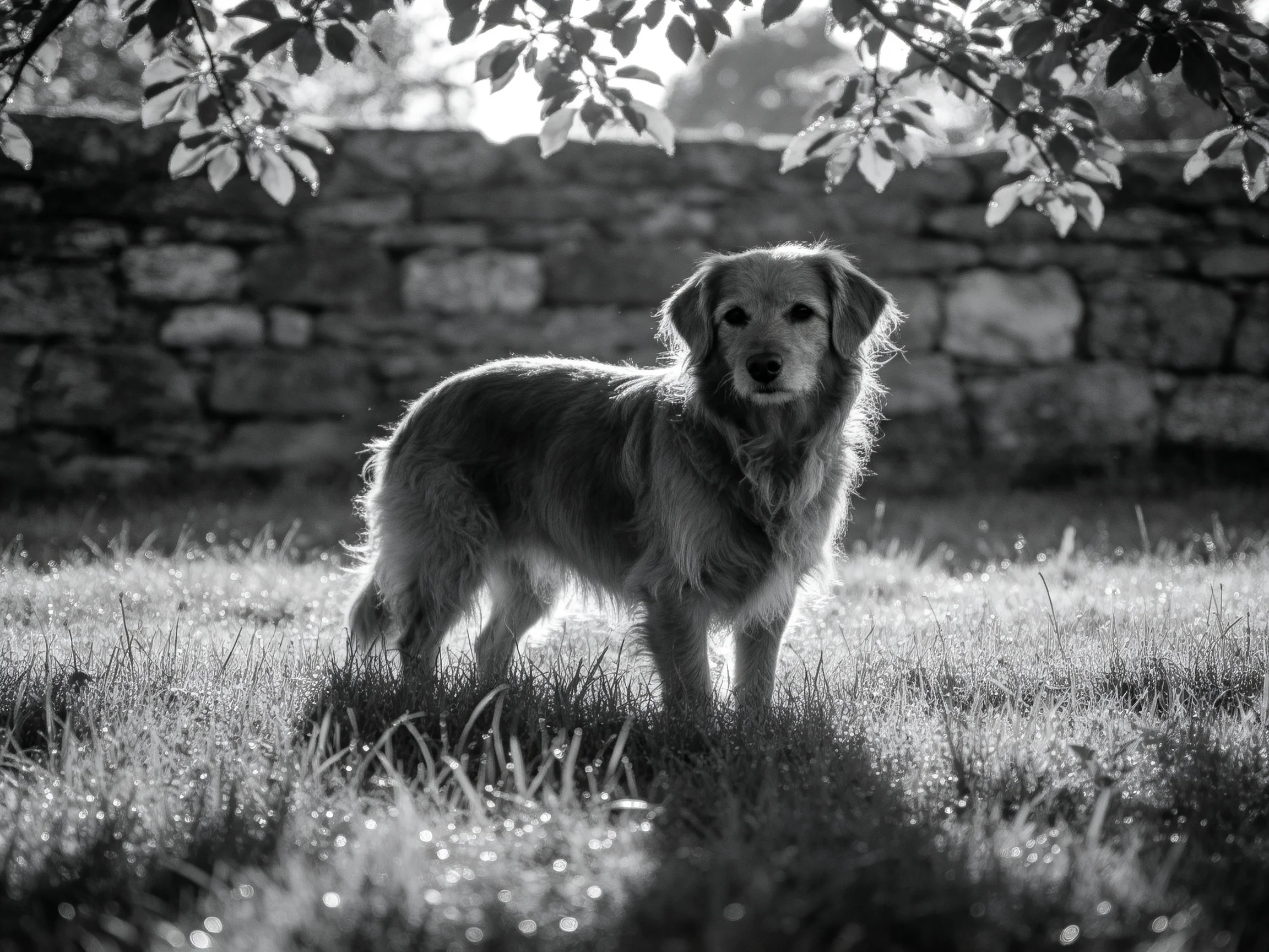 A golden retriever stands near a stone wall in a sunlit grassy area