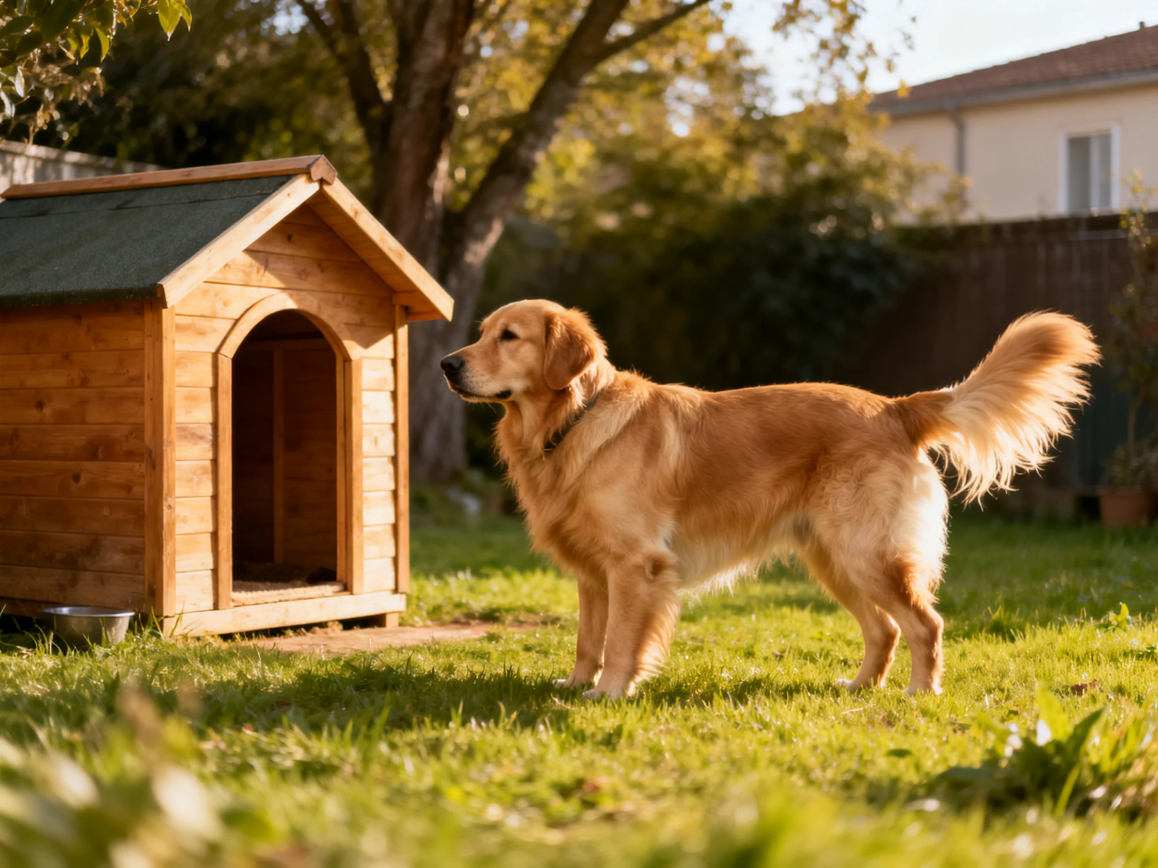 A golden retriever stands beside a wooden doghouse in a sunlit backyard.