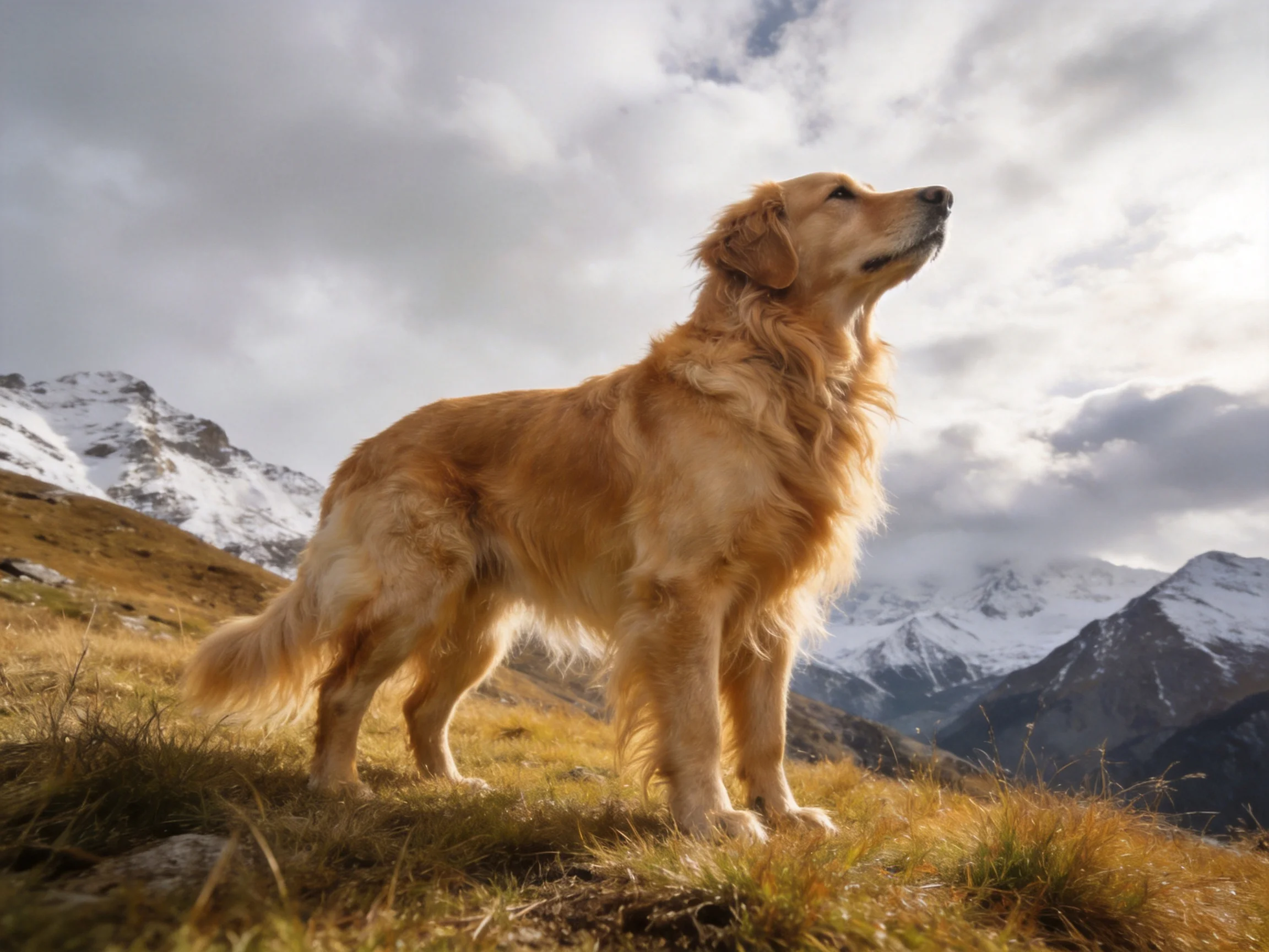 A golden retriever stands on a mountain slope with snow-capped peaks in the background.