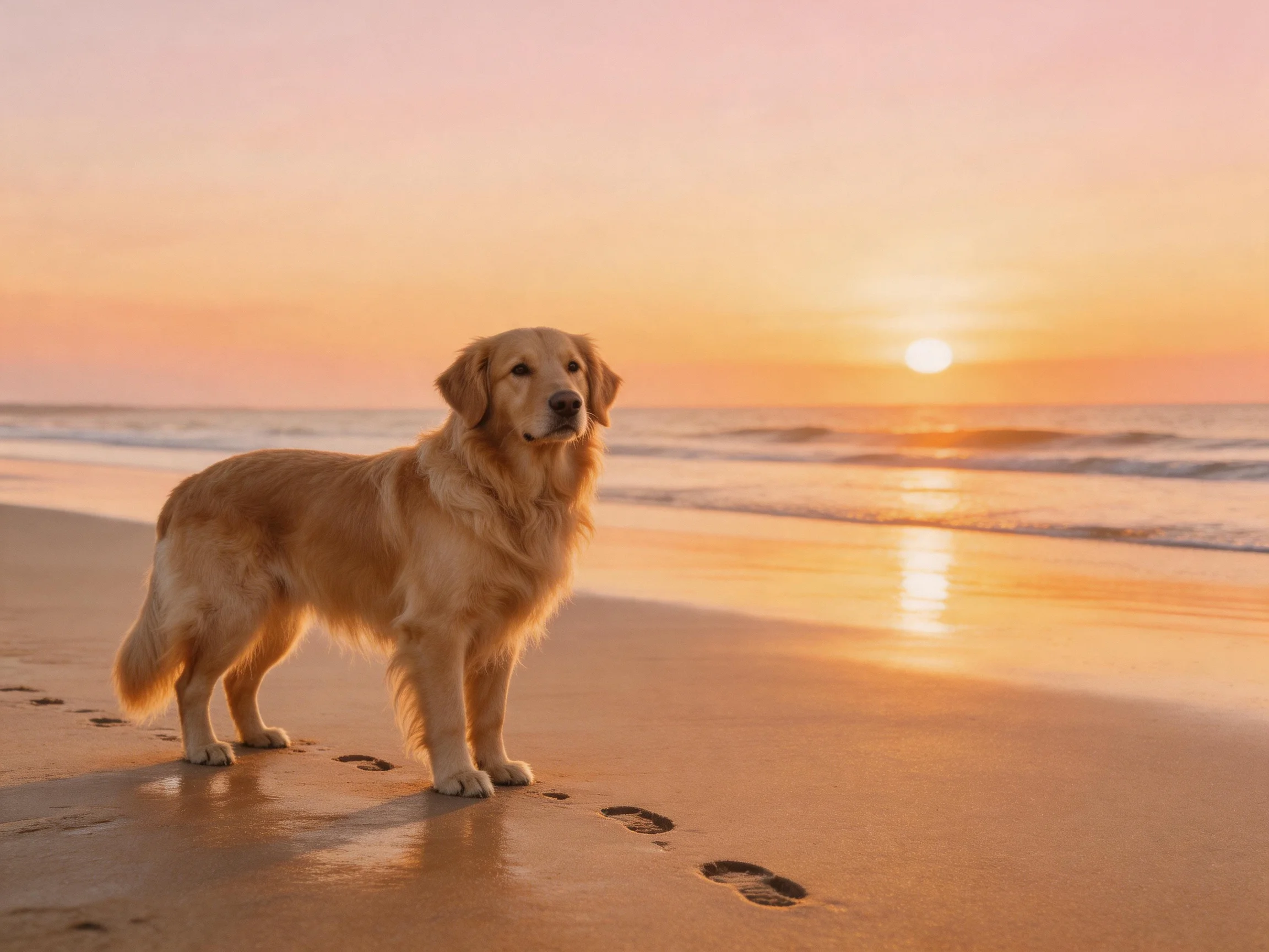 A golden retriever stands on a sandy beach as the sun sets over the ocean.