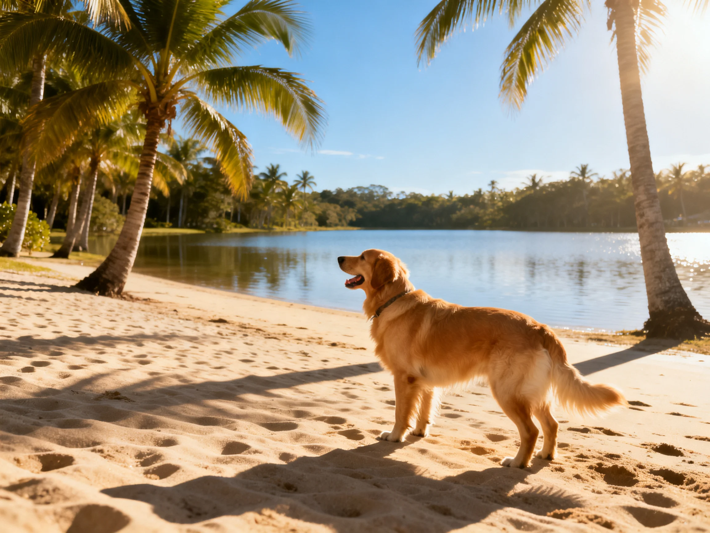 A golden retriever enjoys a sunny day on a sandy beach beside calm water.