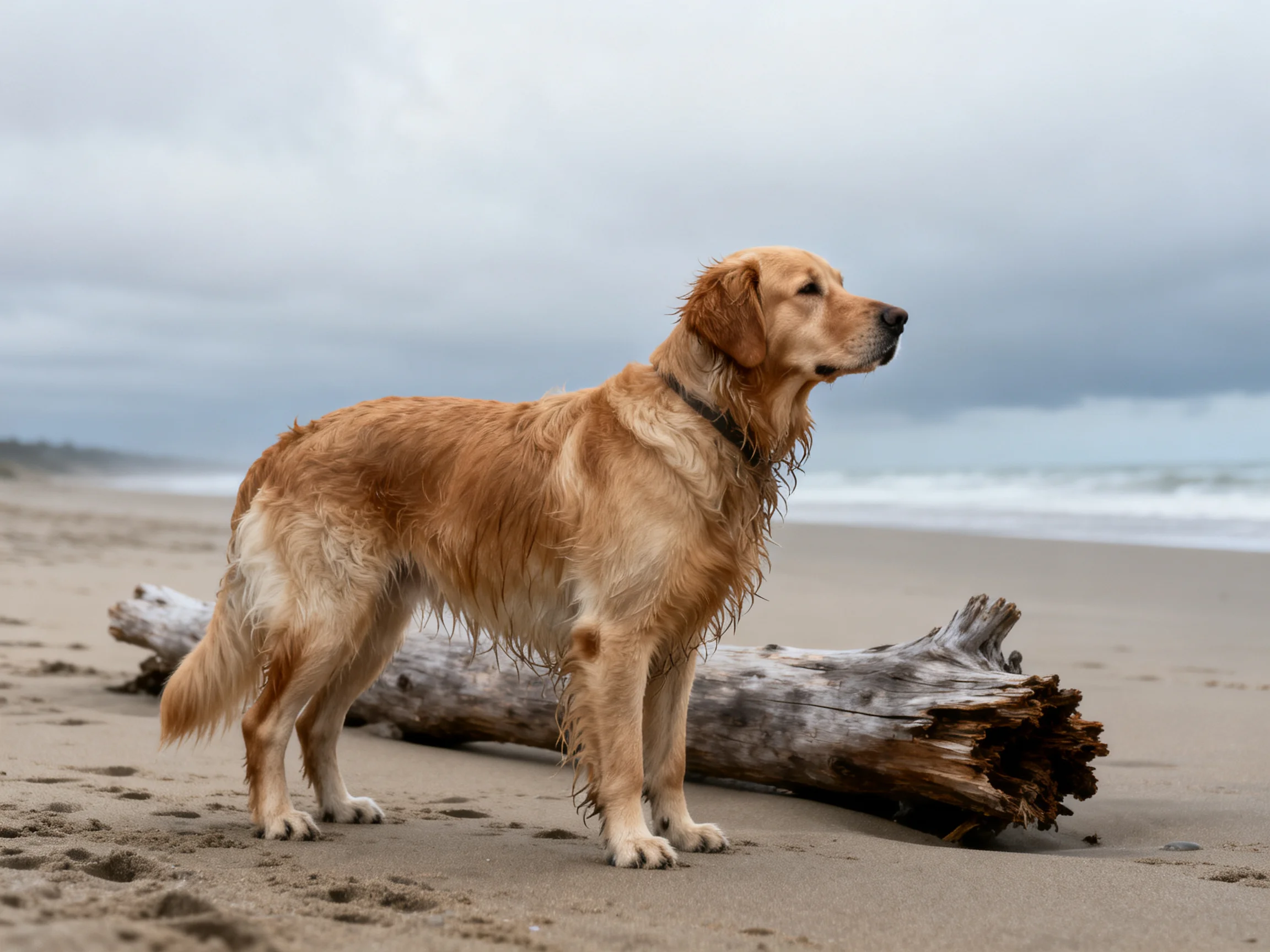 A golden retriever stands on a sandy beach near weathered driftwood