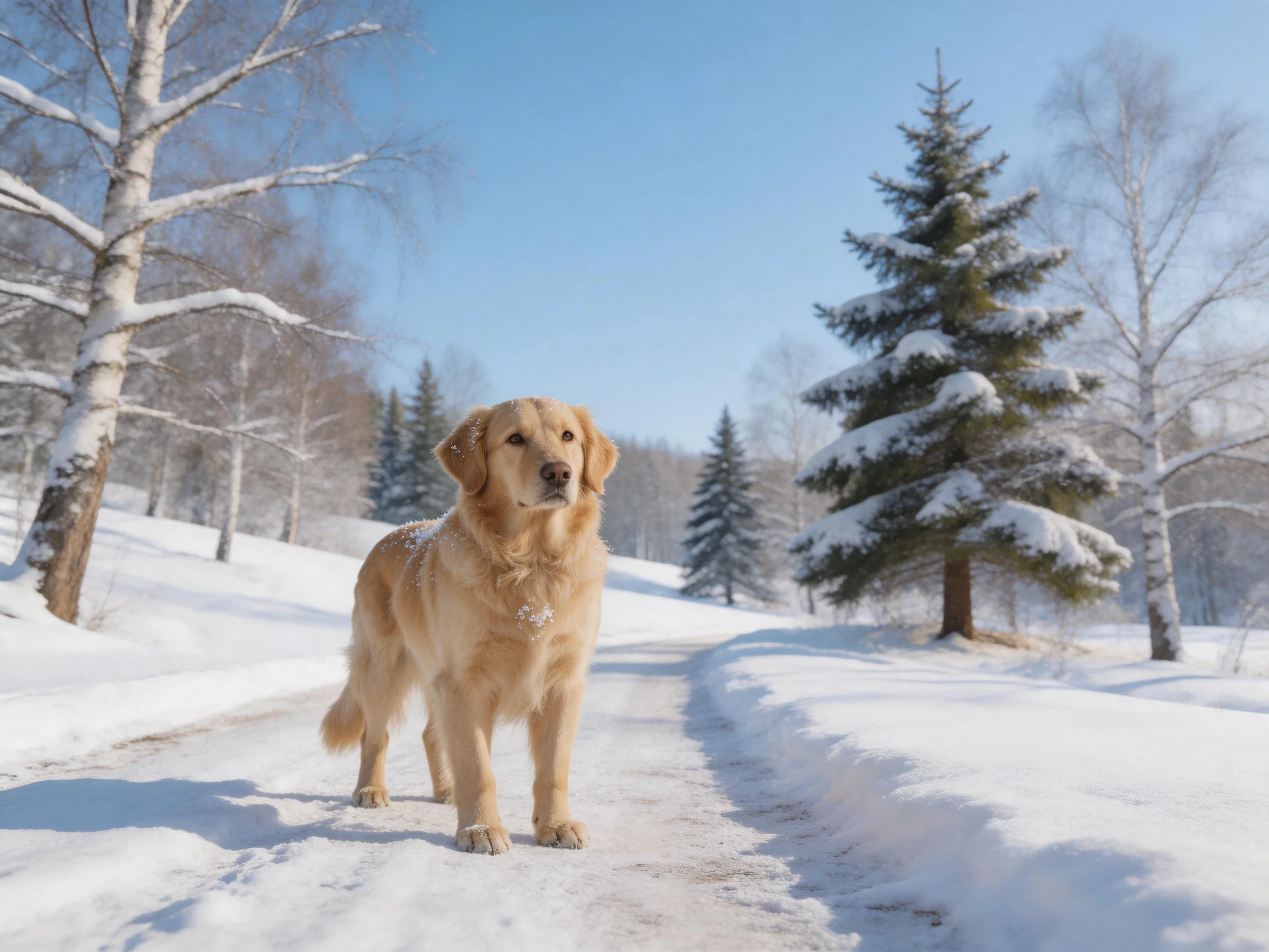 A golden retriever stands on a snow - covered path near snow - laden trees