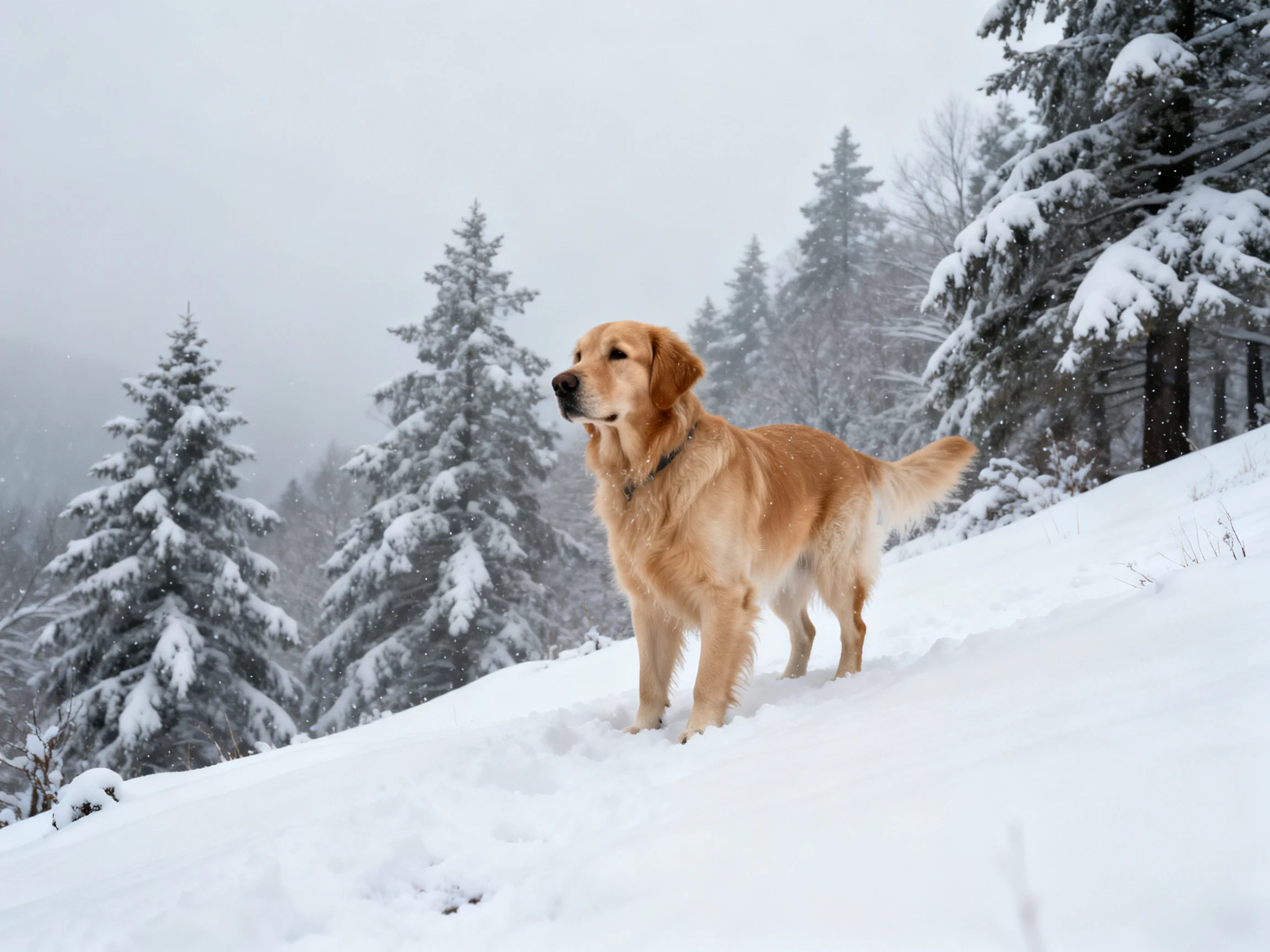 A golden retriever stands on a snowy hillside amid snow-laden evergreen trees.