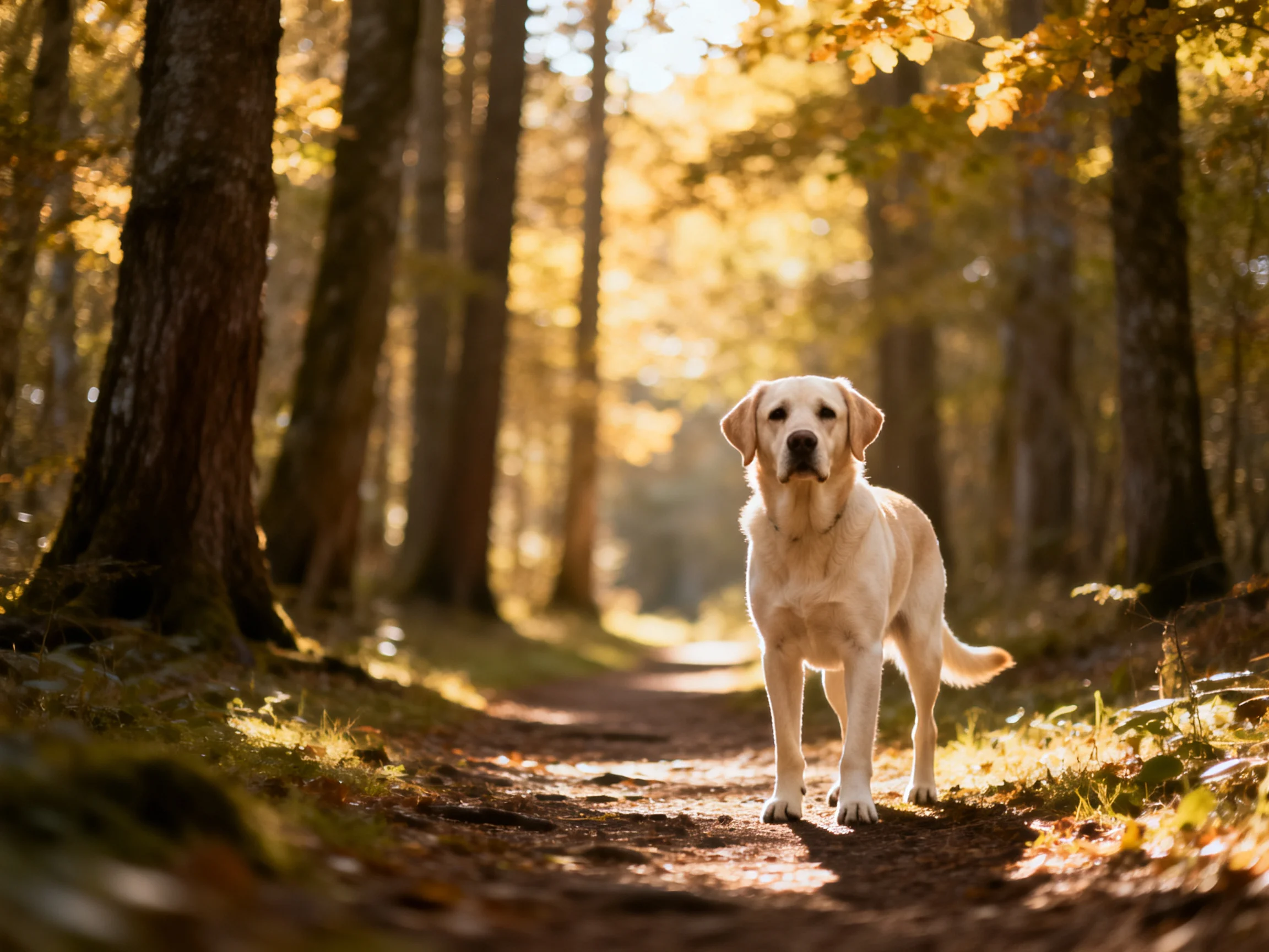 A golden retriever stands on a sunlit forest path in an autumnal woodland.