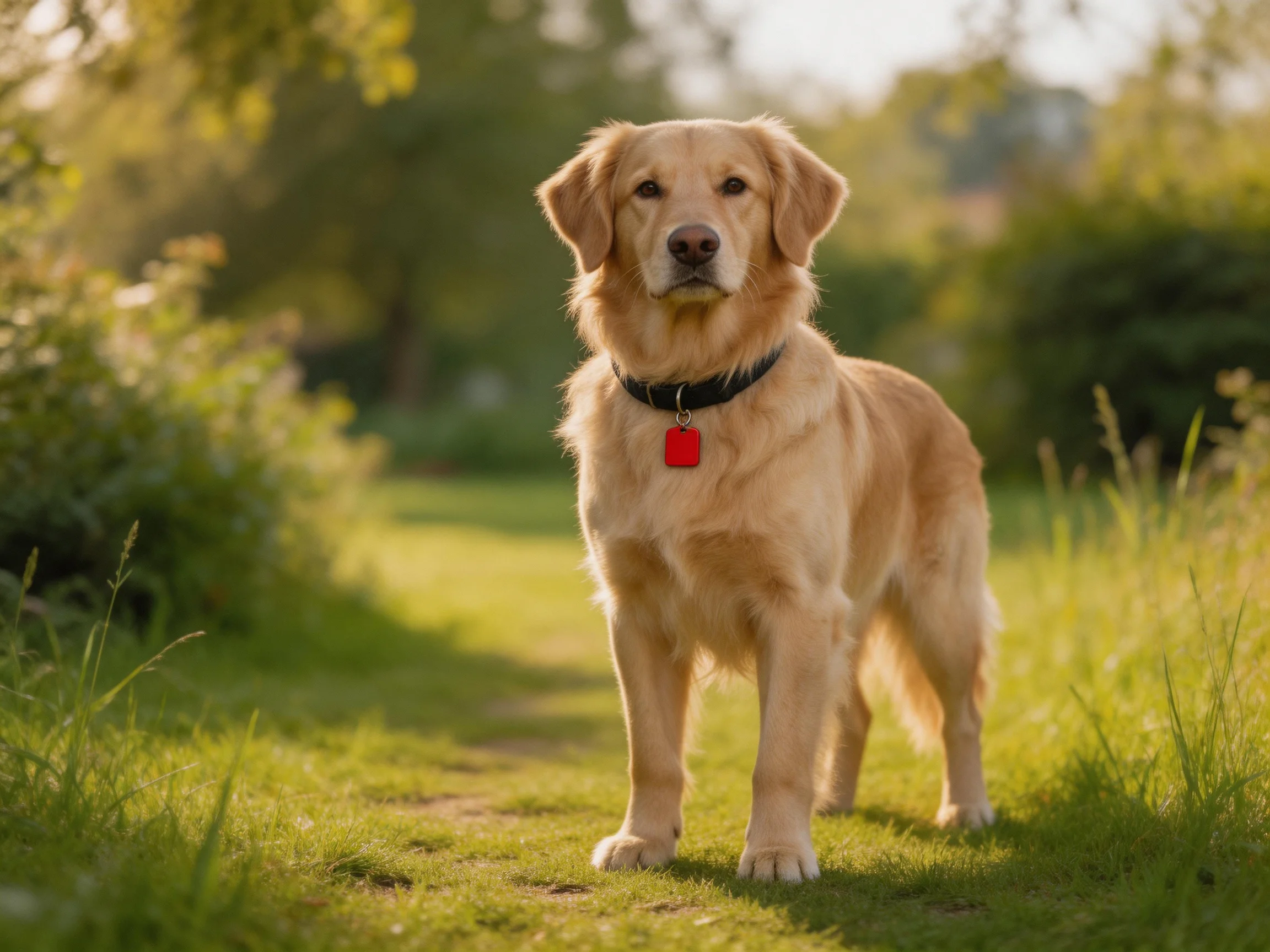 A golden retriever stands on a sunlit grassy path in a lush outdoor setting.