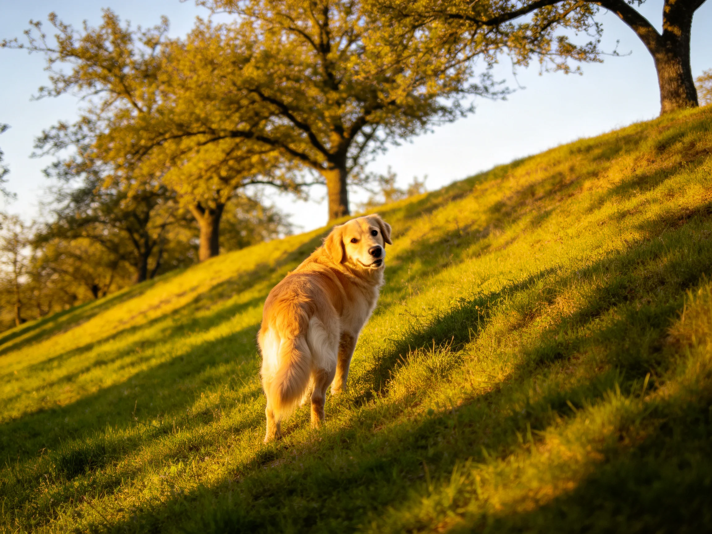 A golden retriever stands on a sunlit grassy hillside near trees.
