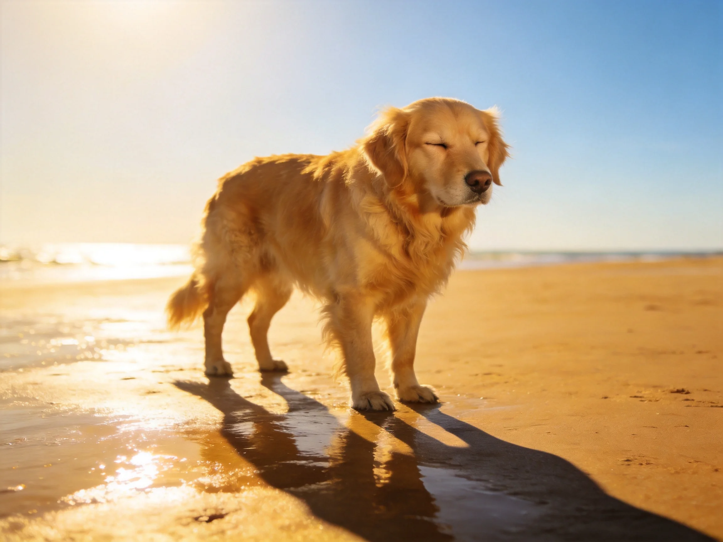 A golden retriever stands on a sunlit sandy beach.