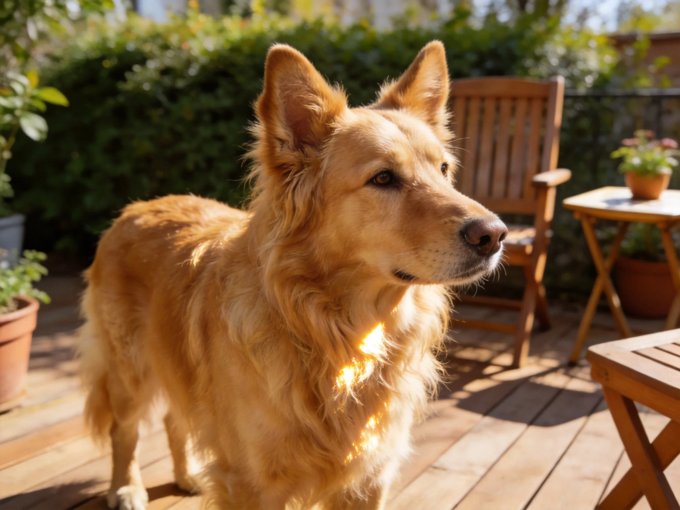 A golden retriever stands on a sunlit wooden deck in an outdoor space.