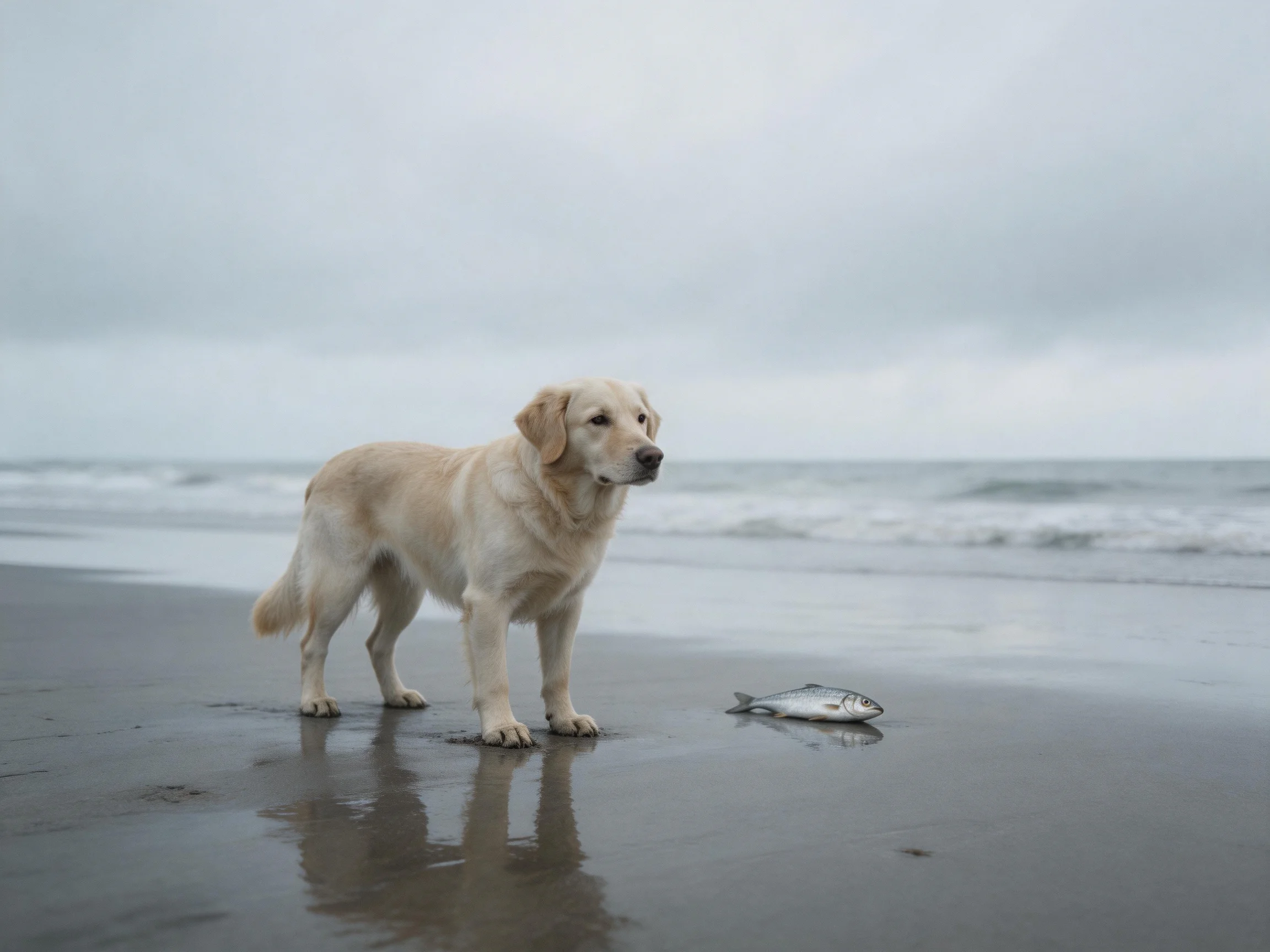 A golden retriever stands on a wet sandy beach near a silver fish.