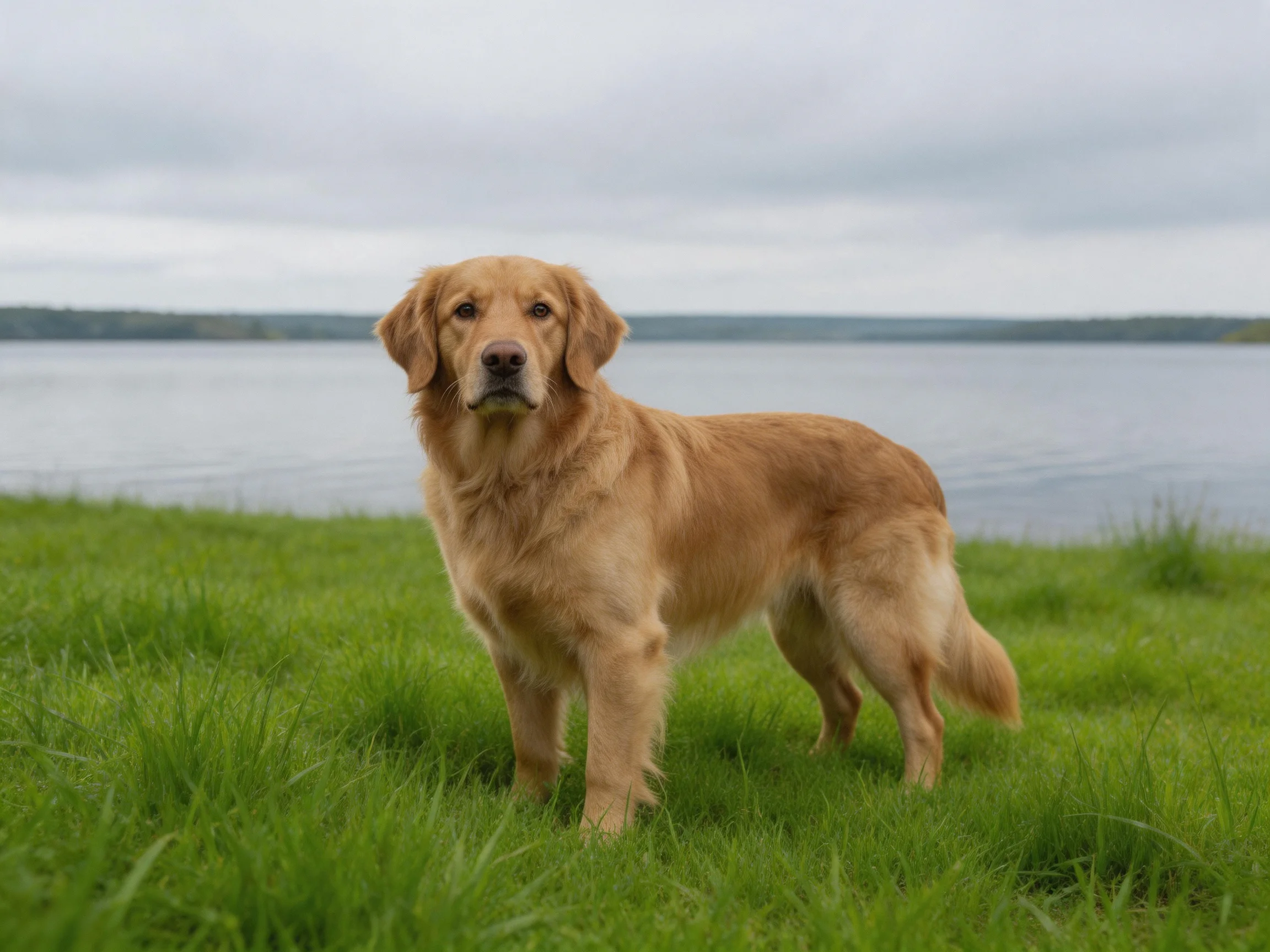 A golden retriever stands on green grass near a calm body of water.