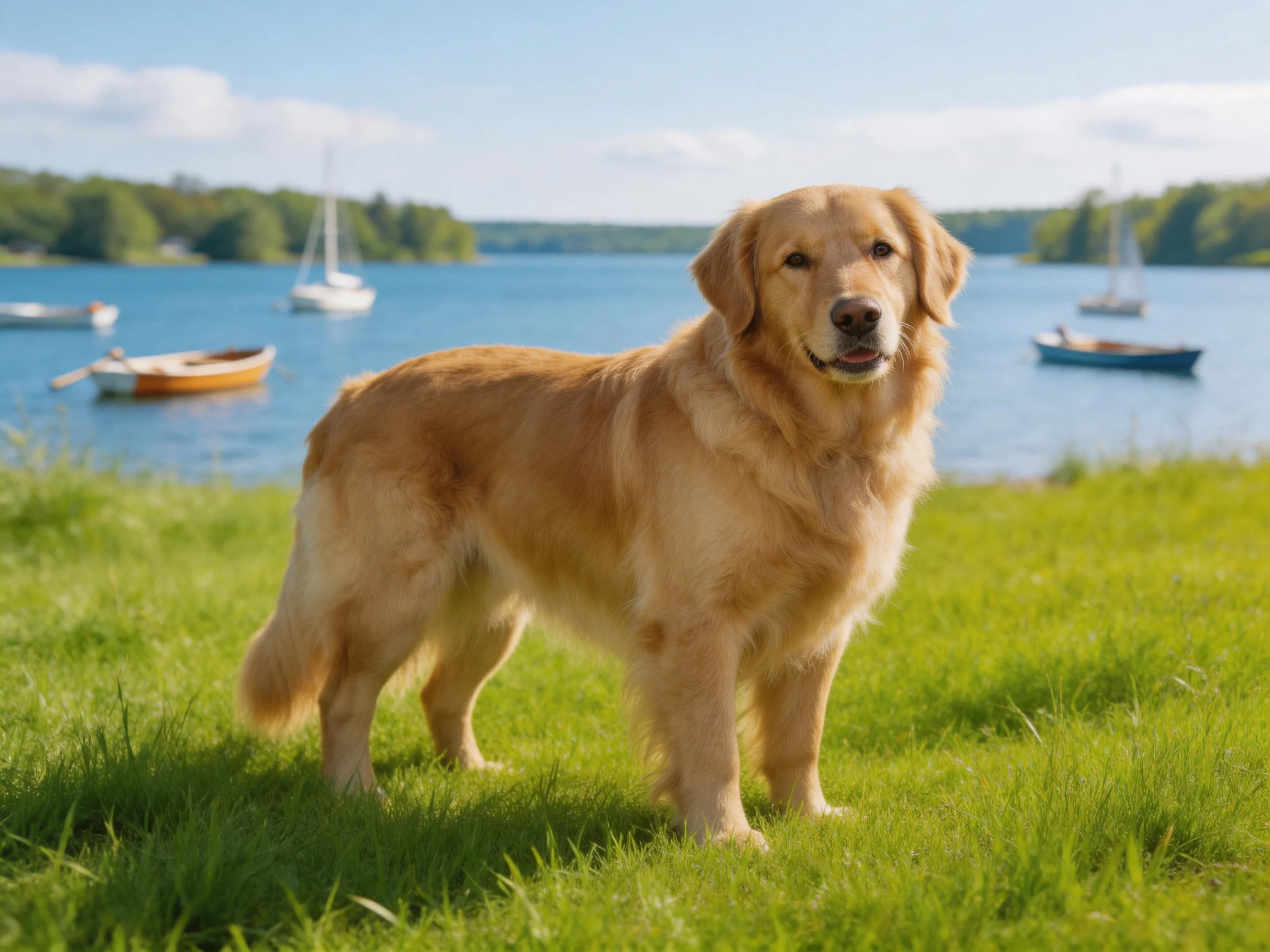 A golden retriever stands on grass near a calm lake with sailboats