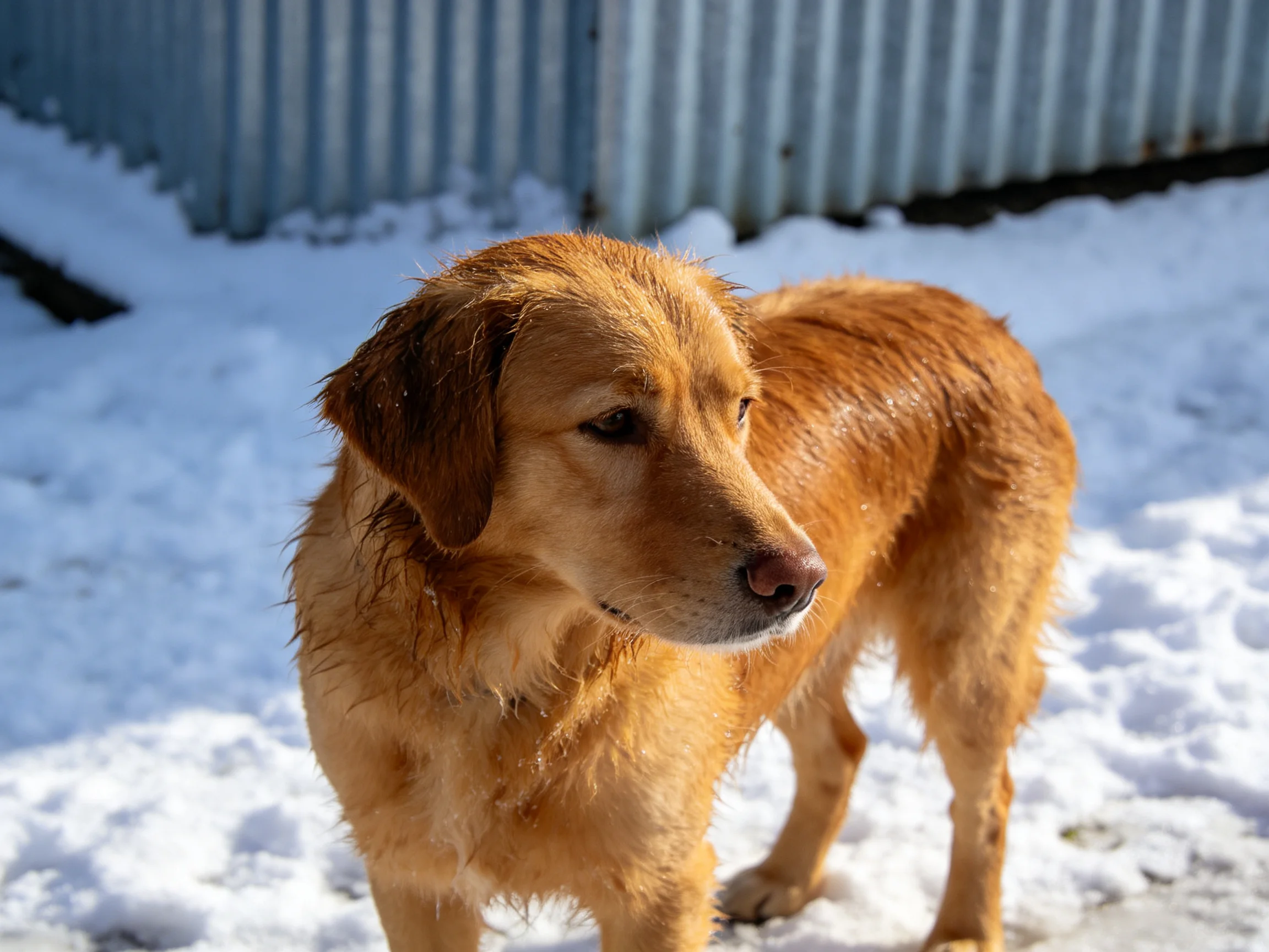 A golden retriever stands on snow - covered ground near a corrugated metal structure.