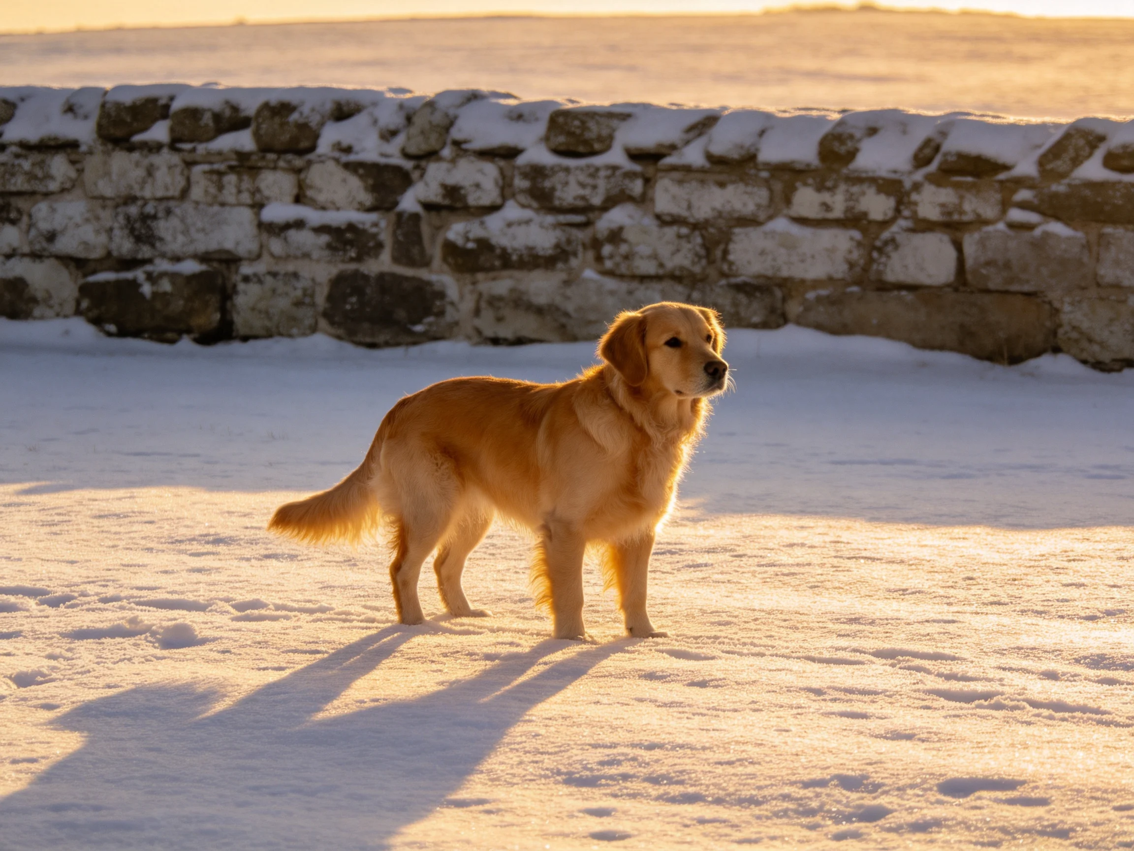 A golden retriever stands on snow near a stone wall under sunlight.