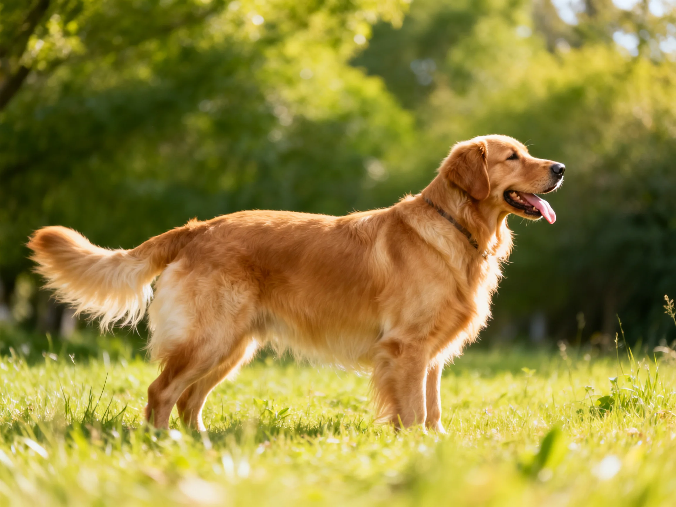 Golden retriever stands proudly in a sunlit green meadow.