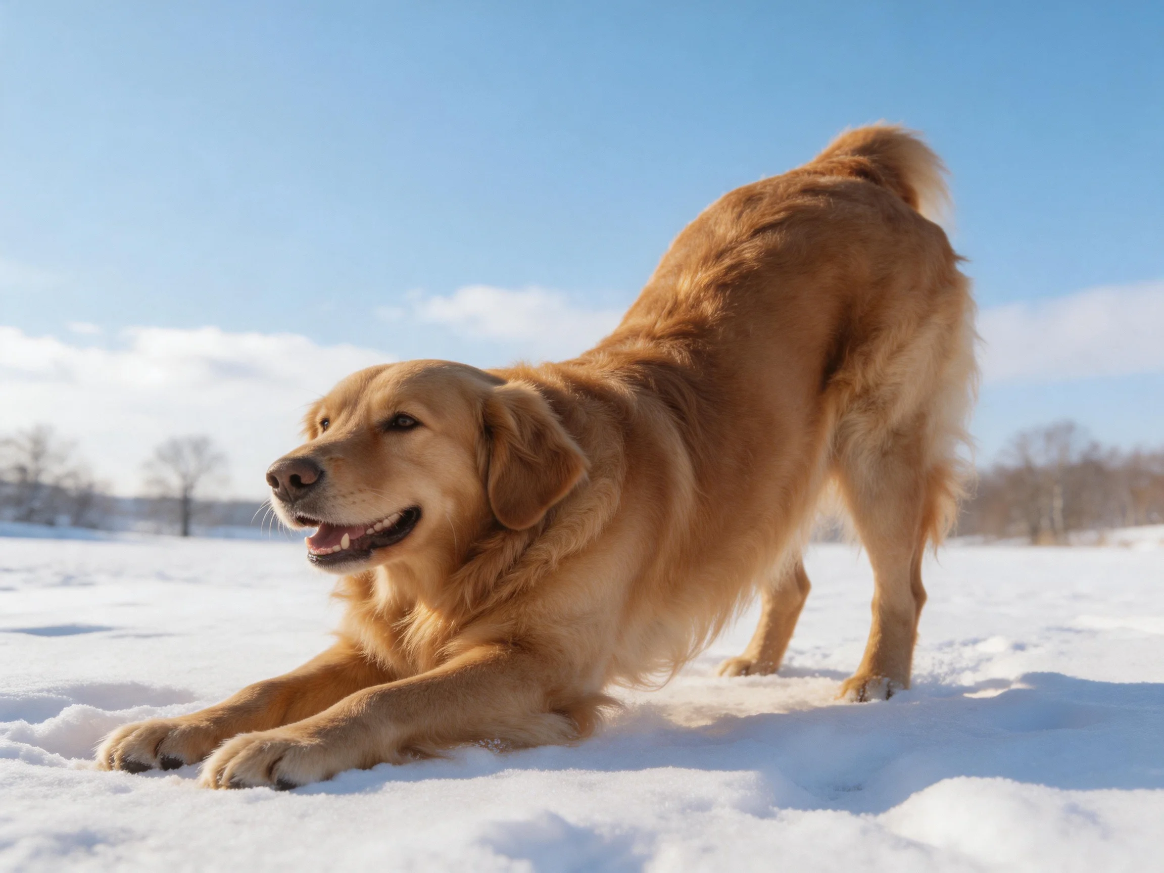 A golden retriever stretches on a bright white snow-covered field