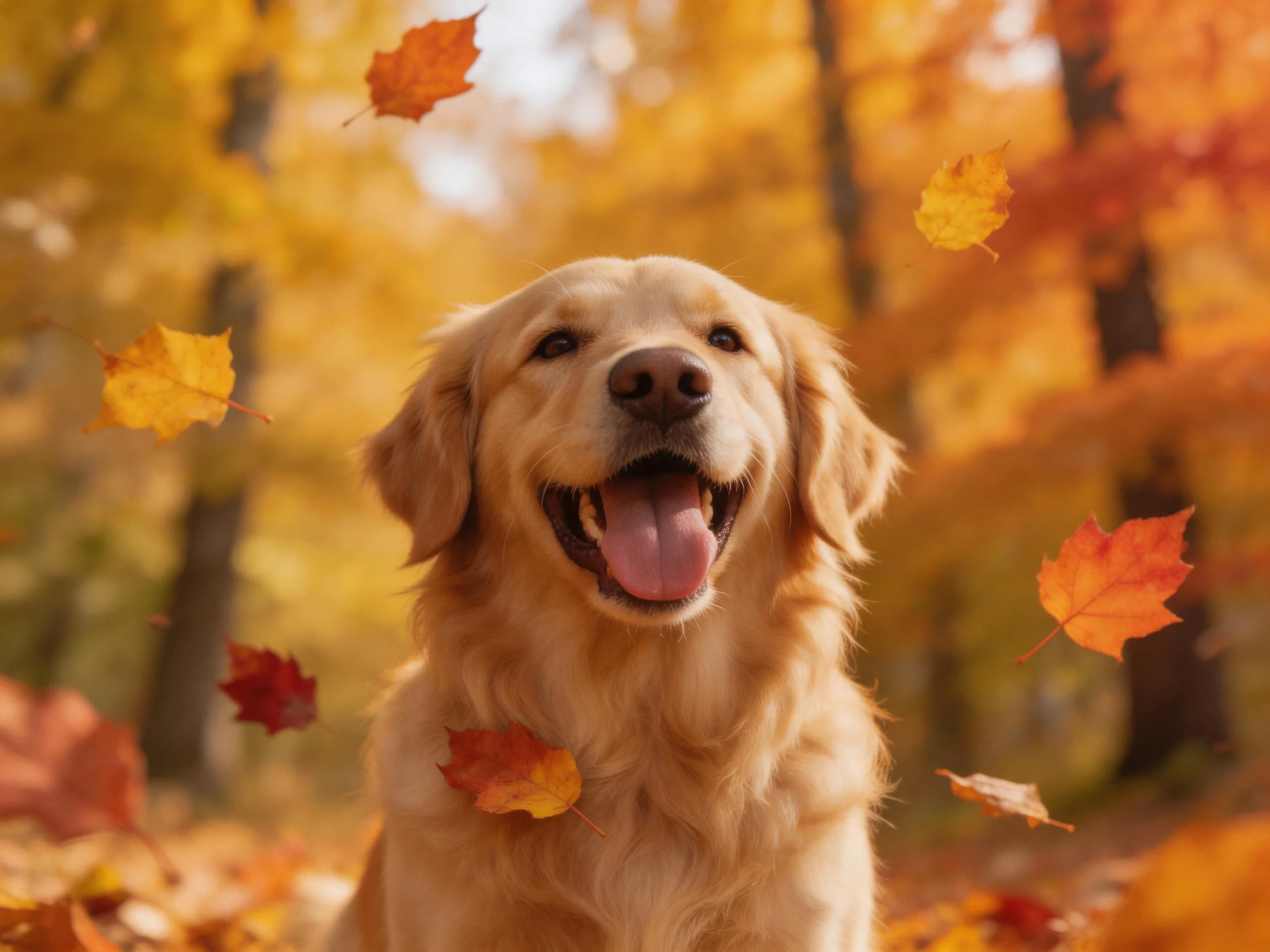 A golden retriever surrounded by vibrant fall leaves in an autumn forest