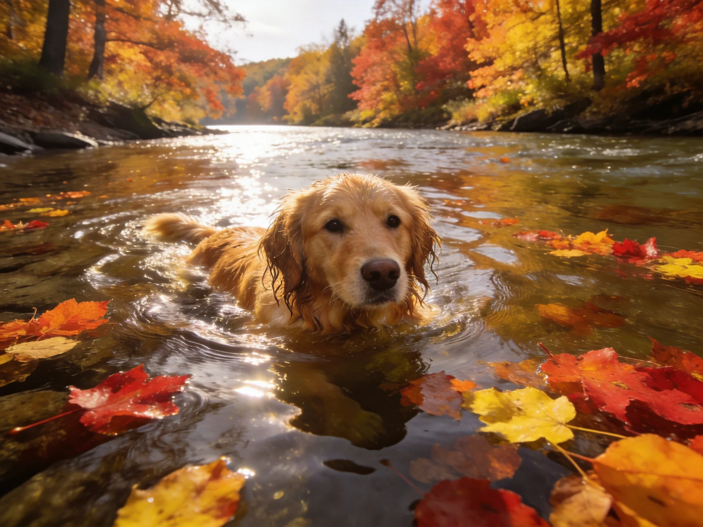 A golden retriever swims in a river surrounded by vibrant autumn leaves