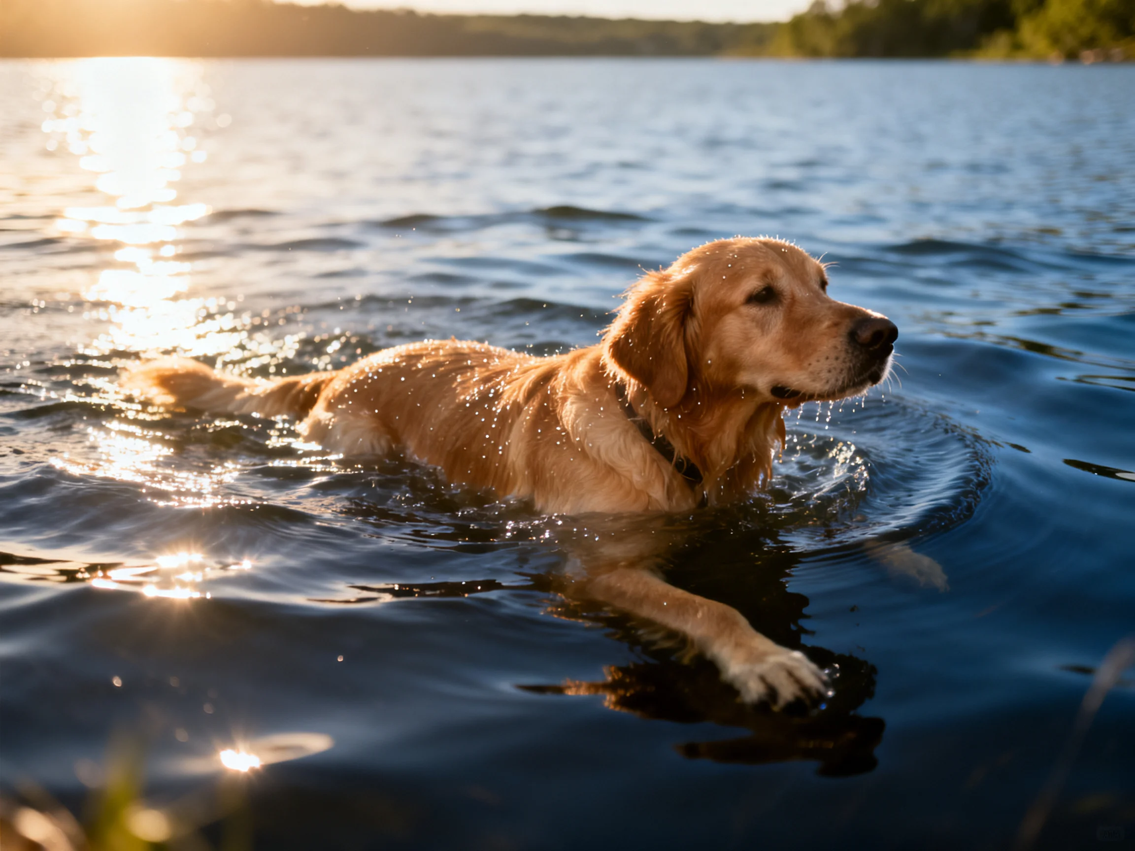 A golden retriever swims in a sunlit body of water.