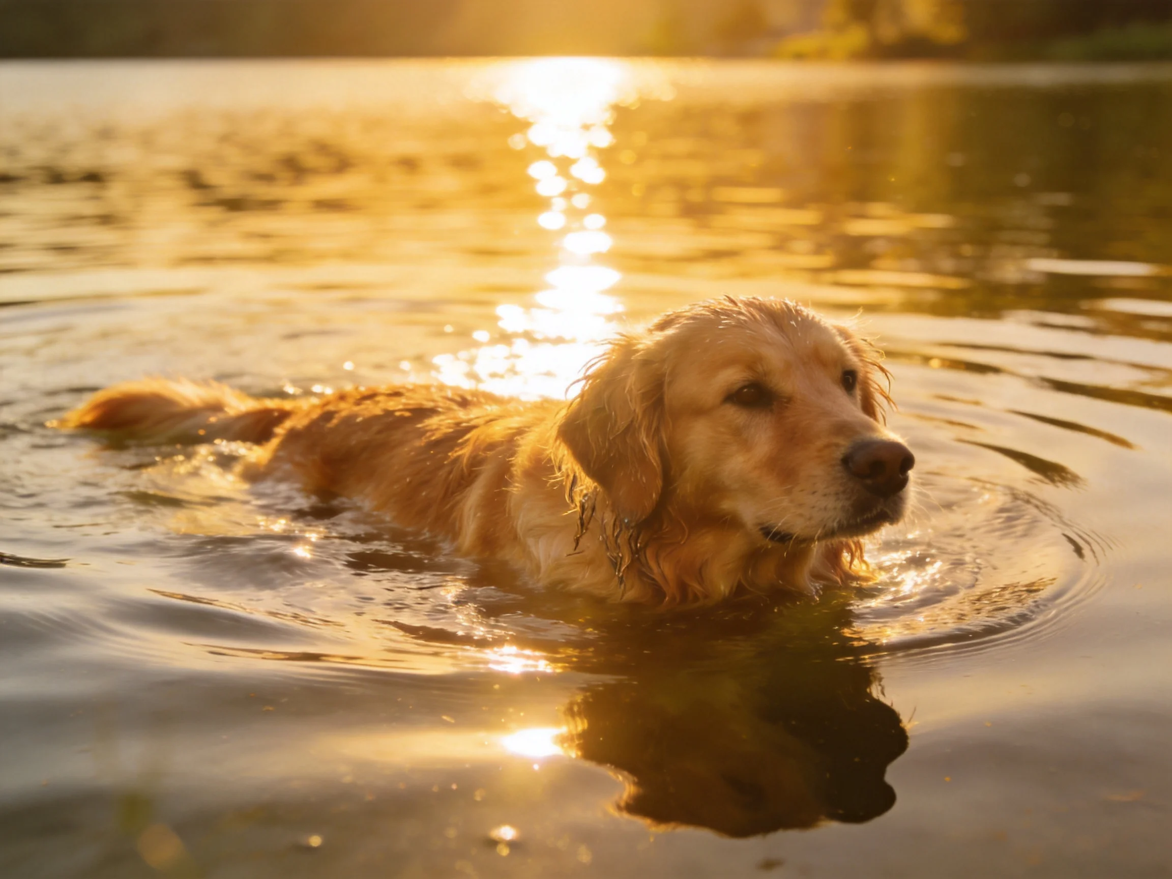 A golden retriever swims in calm water as the sun sets.