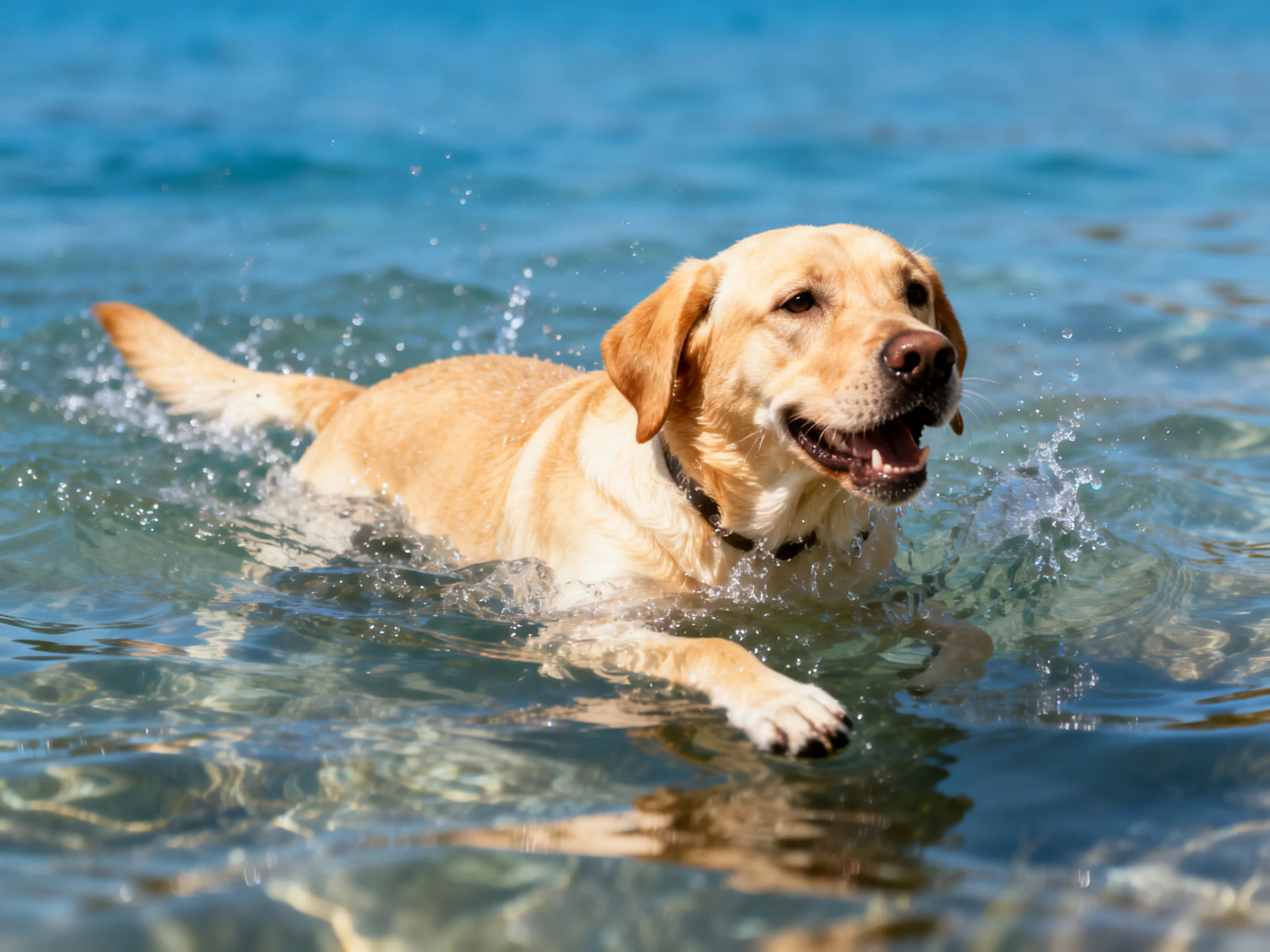 A golden retriever enjoys swimming in blue water.