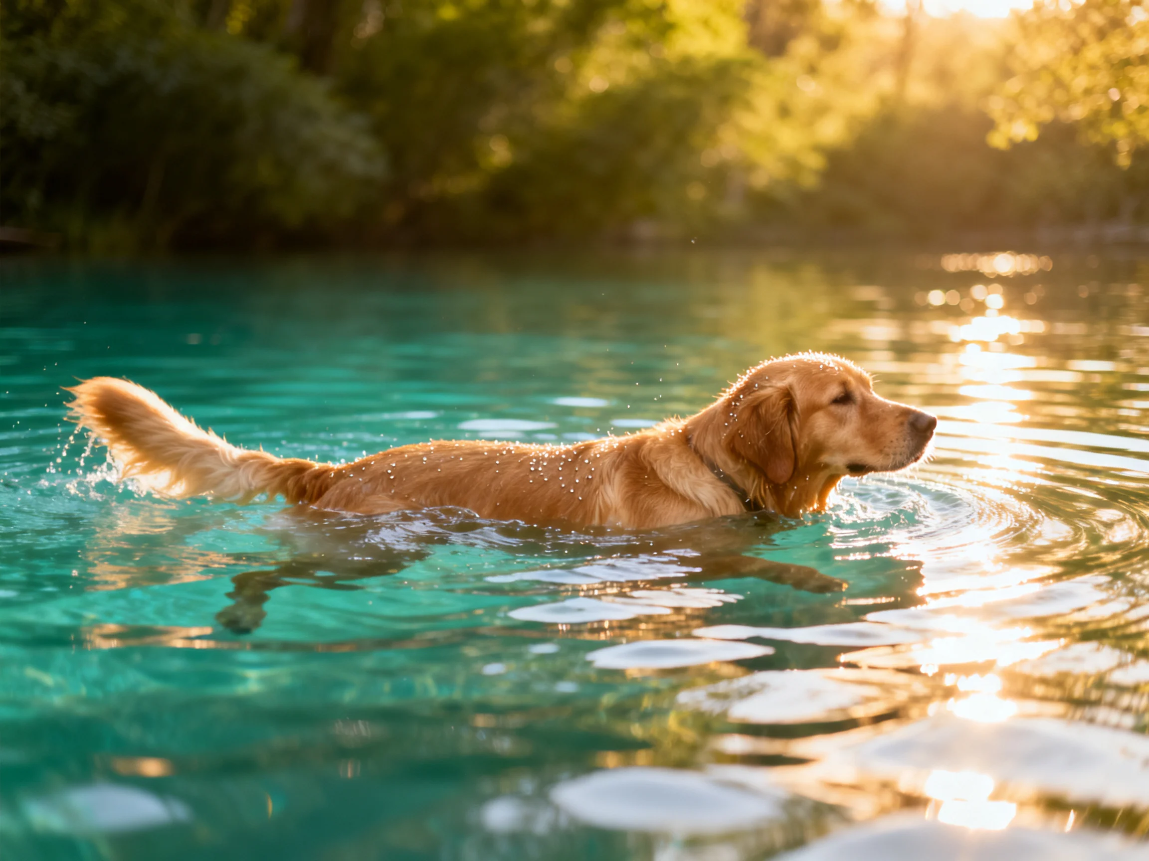 A golden retriever swims in clear turquoise water near trees