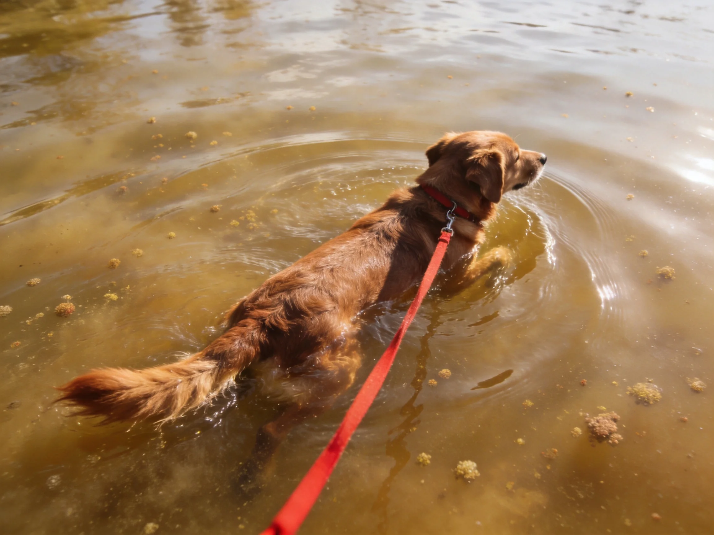 A golden retriever swims in murky water with a bright red leash