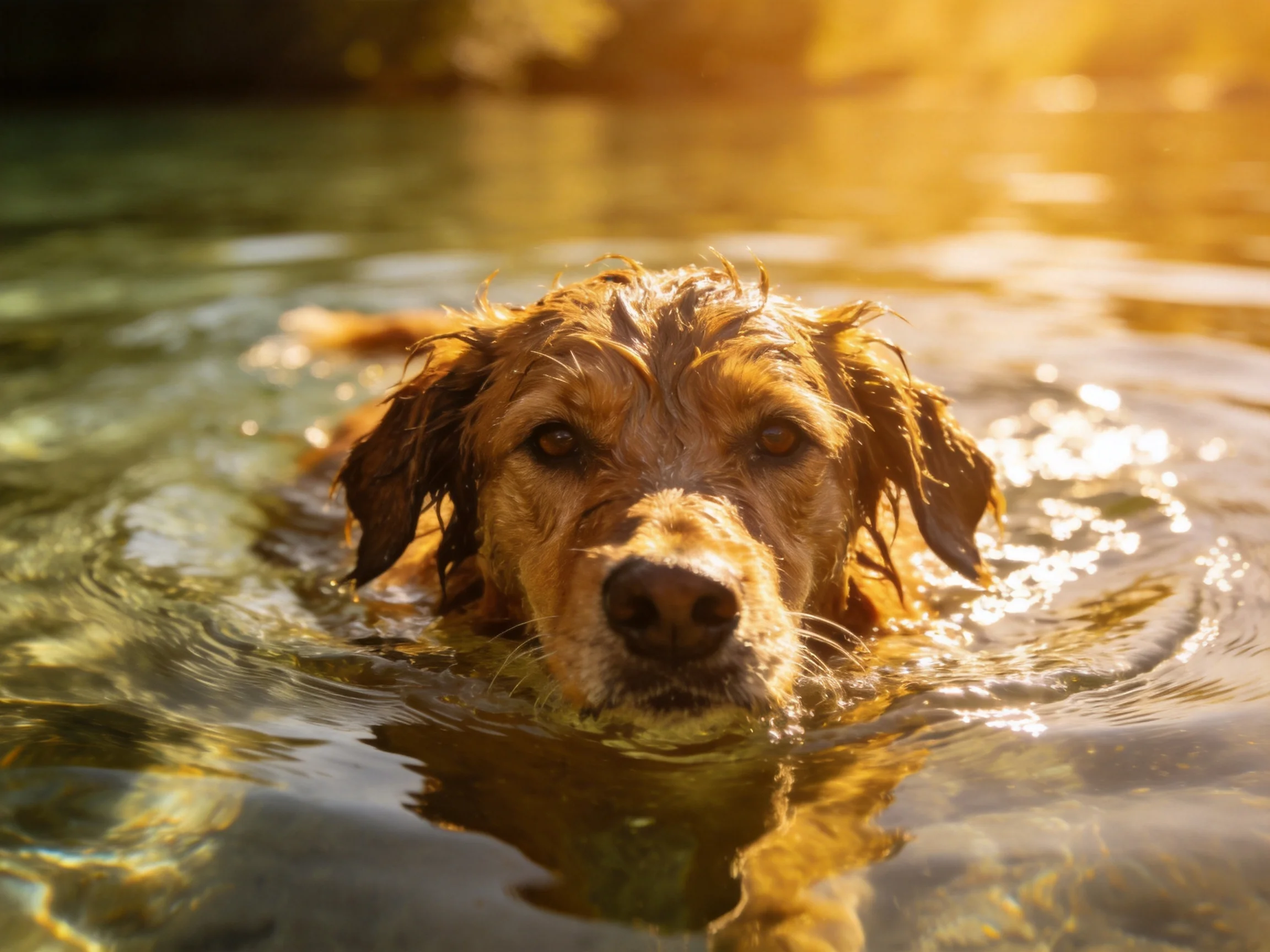 A golden retriever swims in sunlit water, its wet fur reflecting warm light.