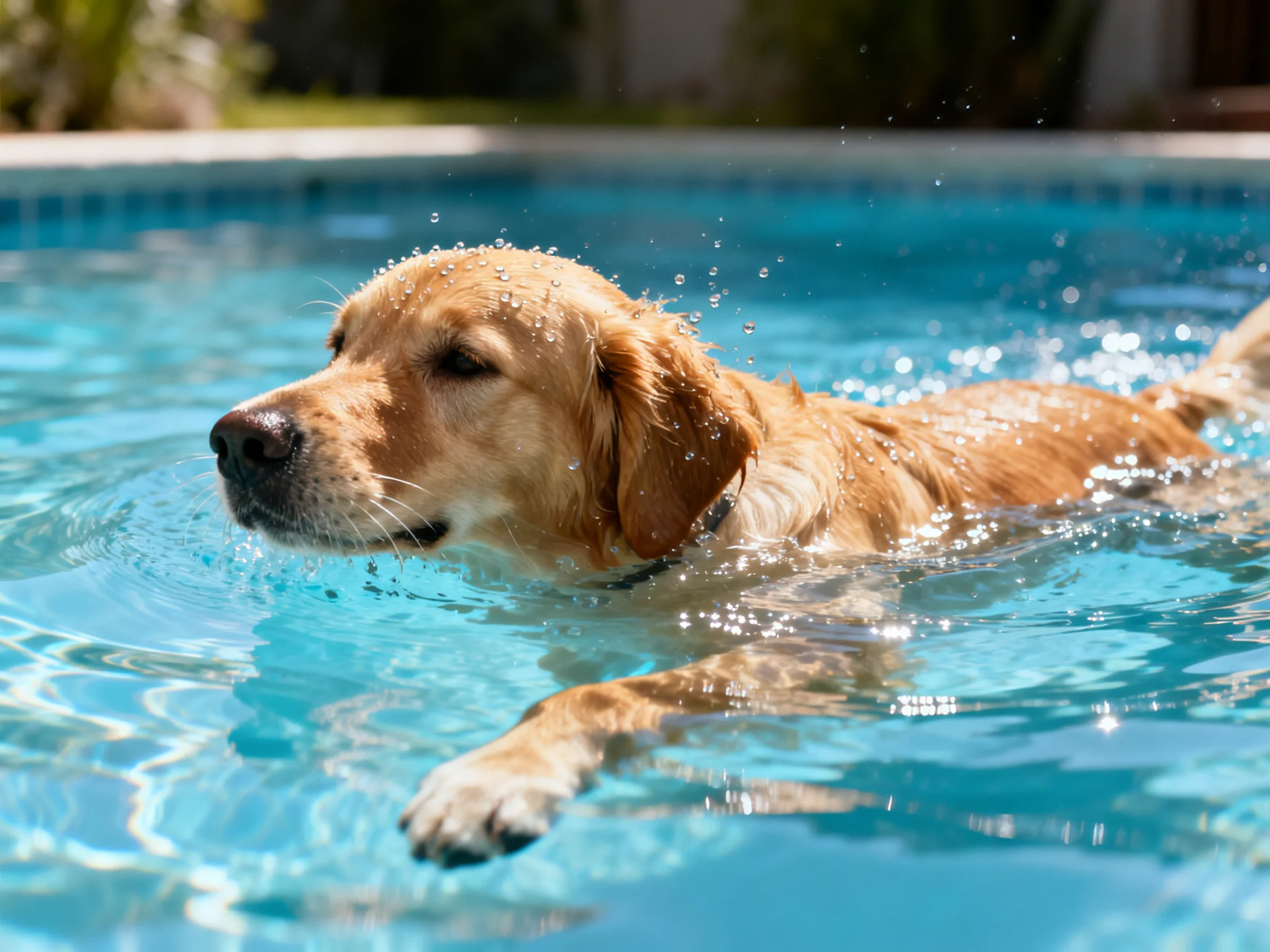 A golden retriever swims joyfully in a bright blue backyard pool