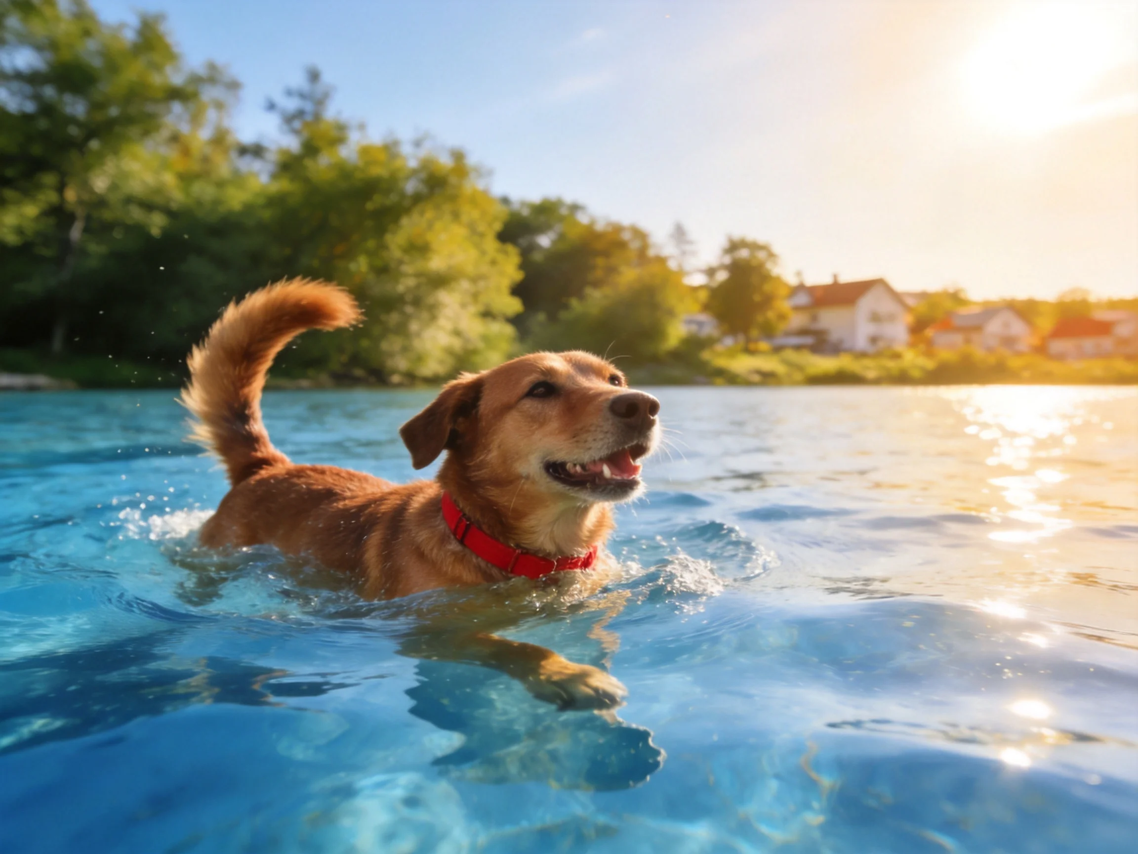 A golden retriever swims joyfully in clear blue water near houses