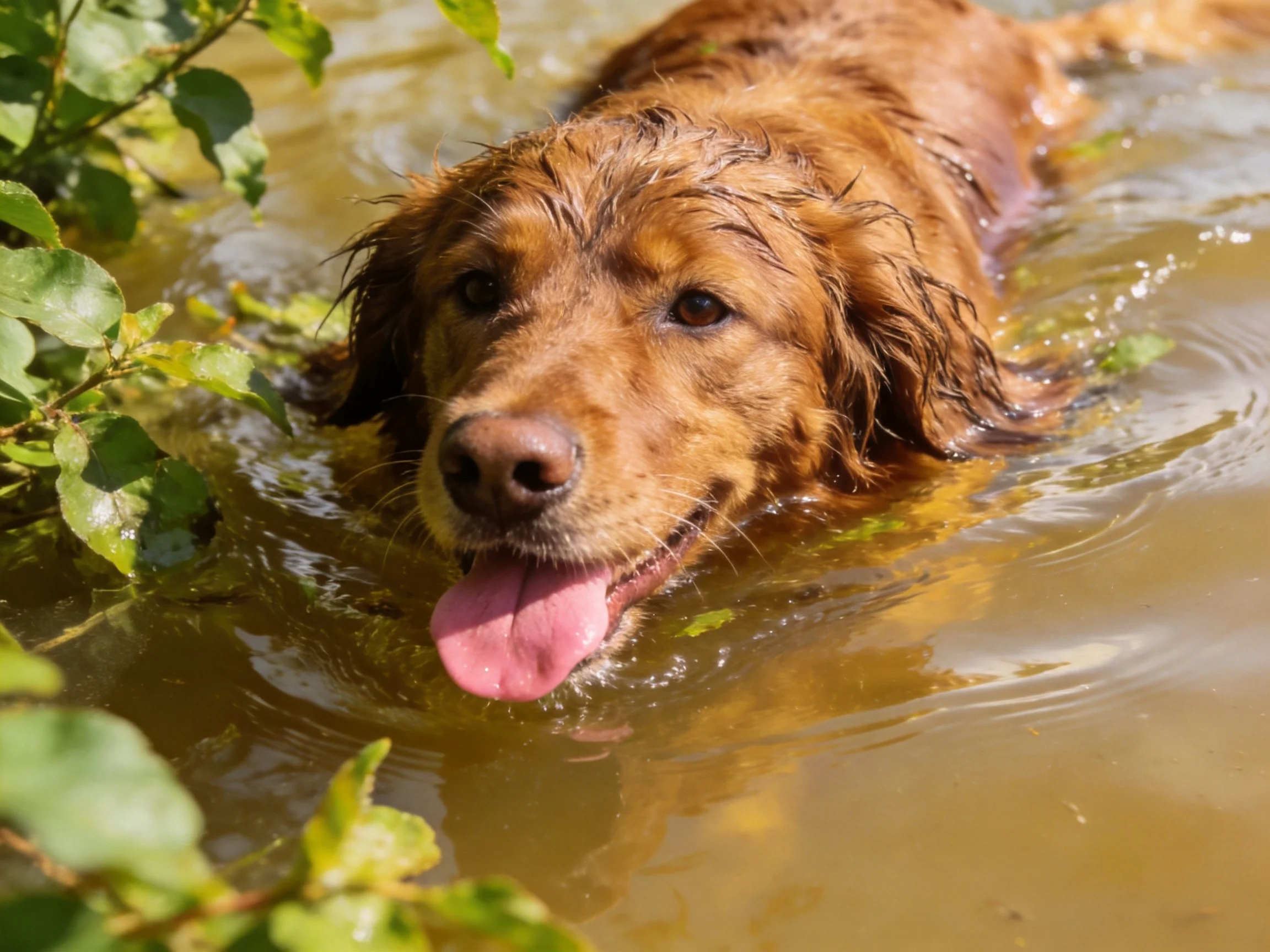 A golden retriever swims joyfully in murky water near lush green foliage