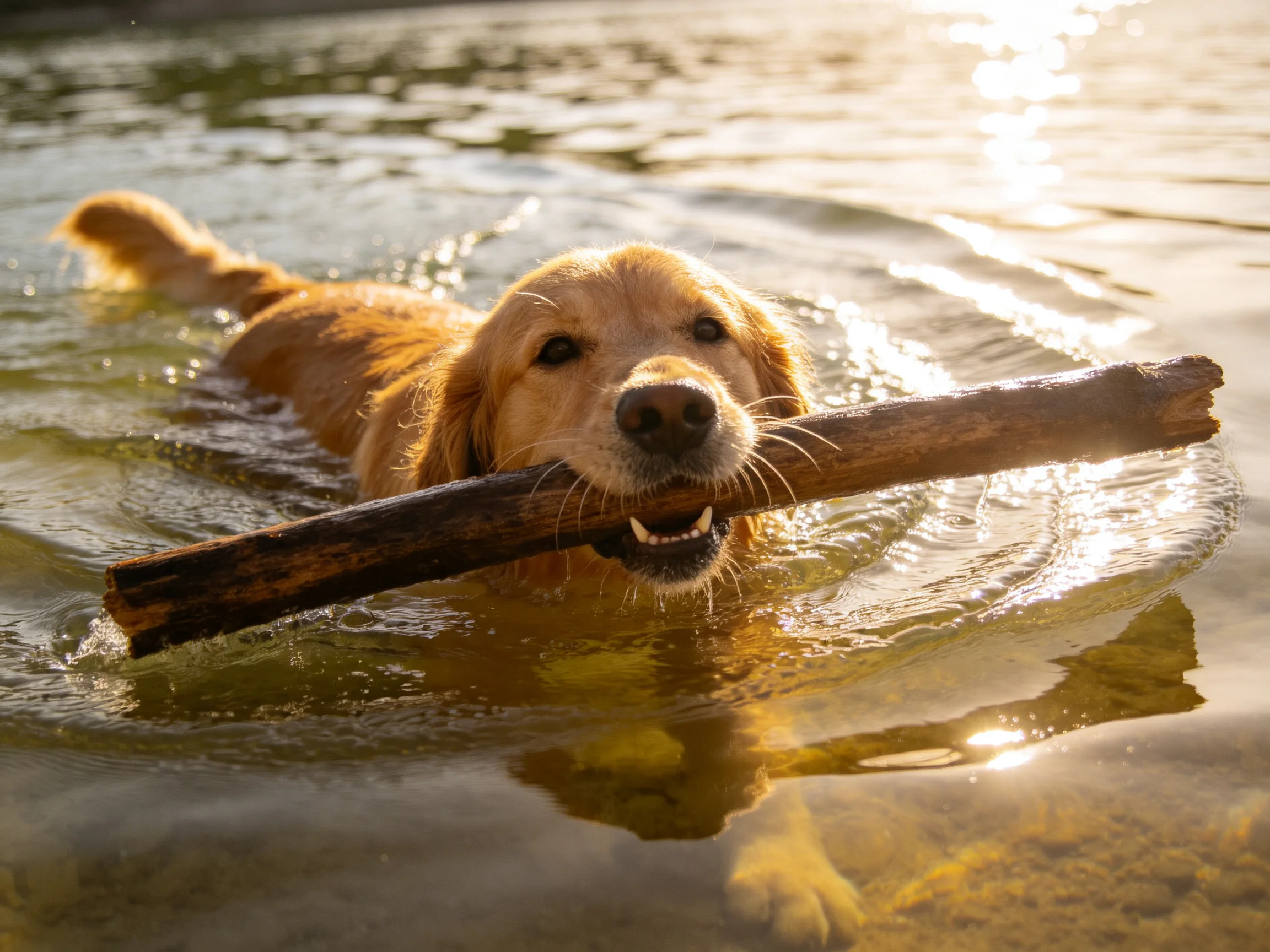 A golden retriever swims in water holding a large wooden stick