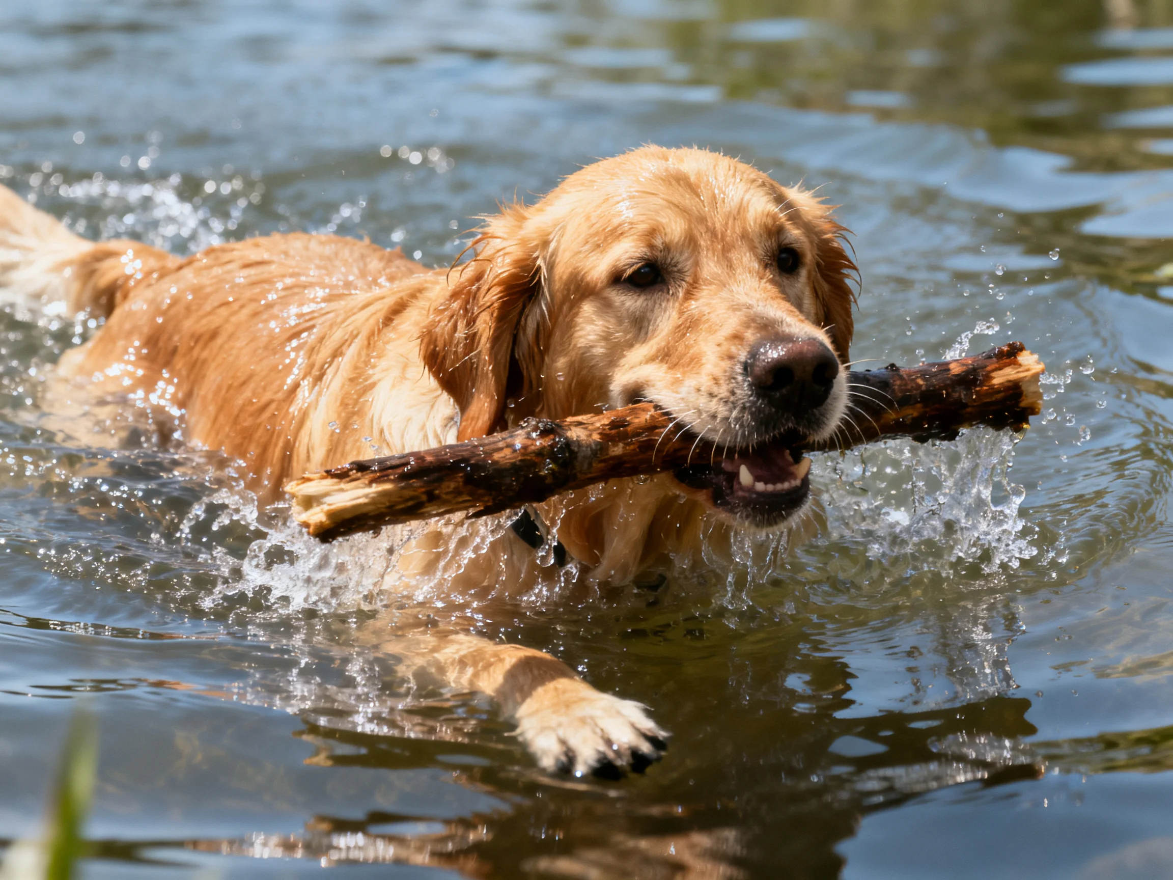 A golden retriever swims in water while carrying a large stick.
