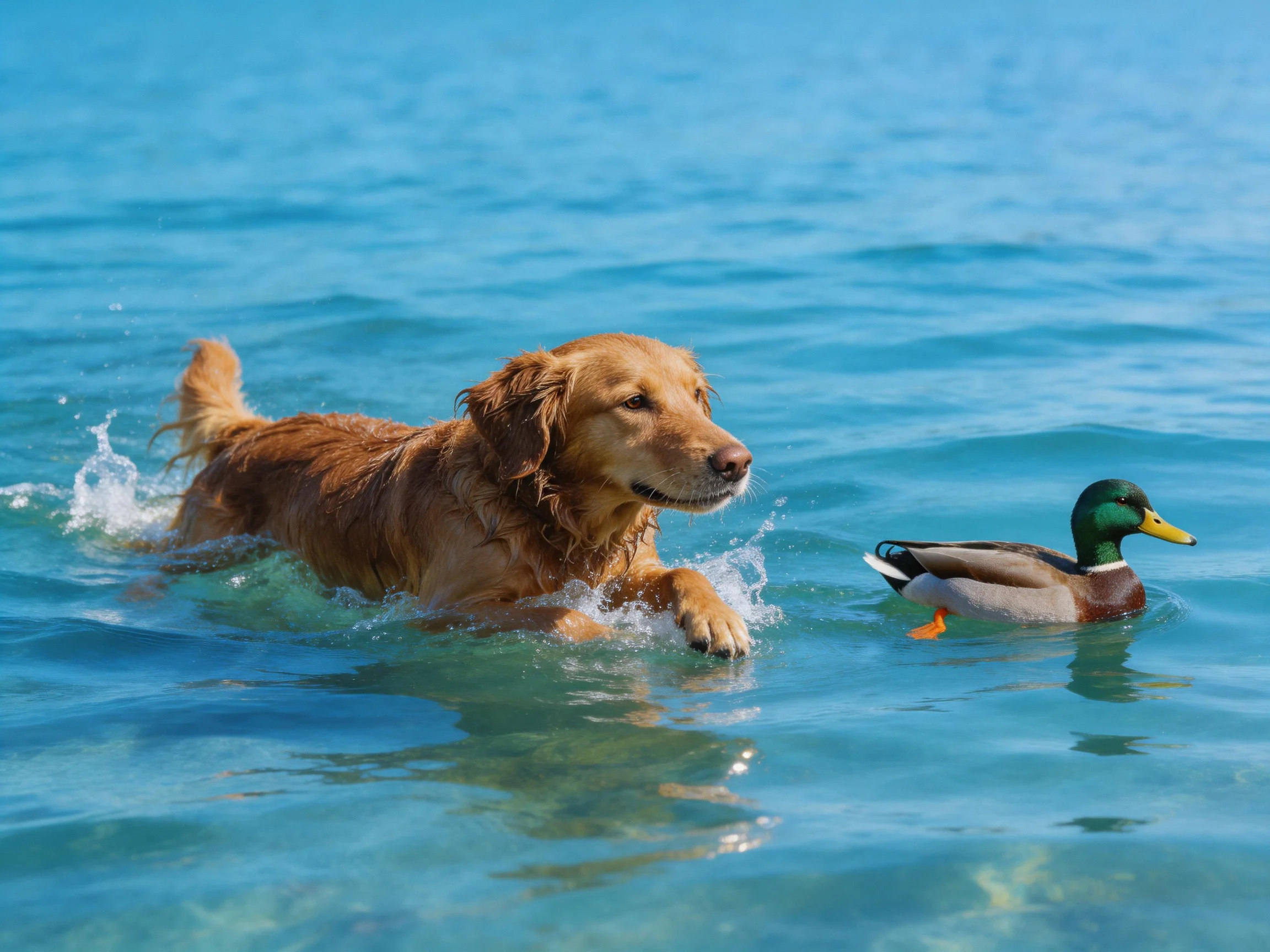 A golden retriever chases a duck while swimming in clear water.