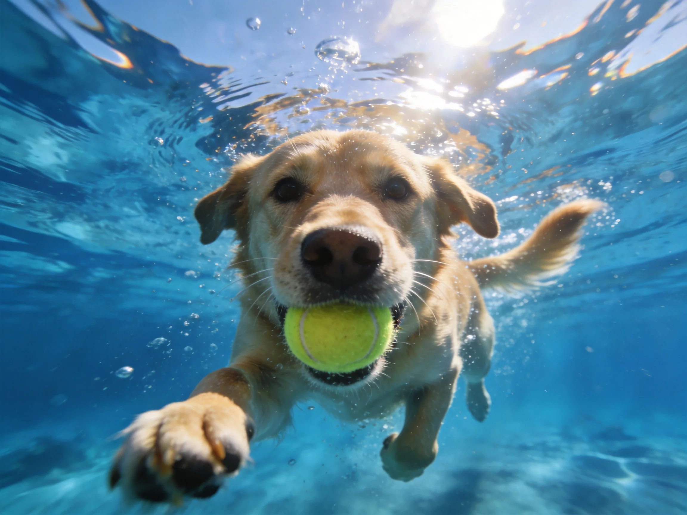 A golden retriever swims underwater holding a bright yellow tennis ball