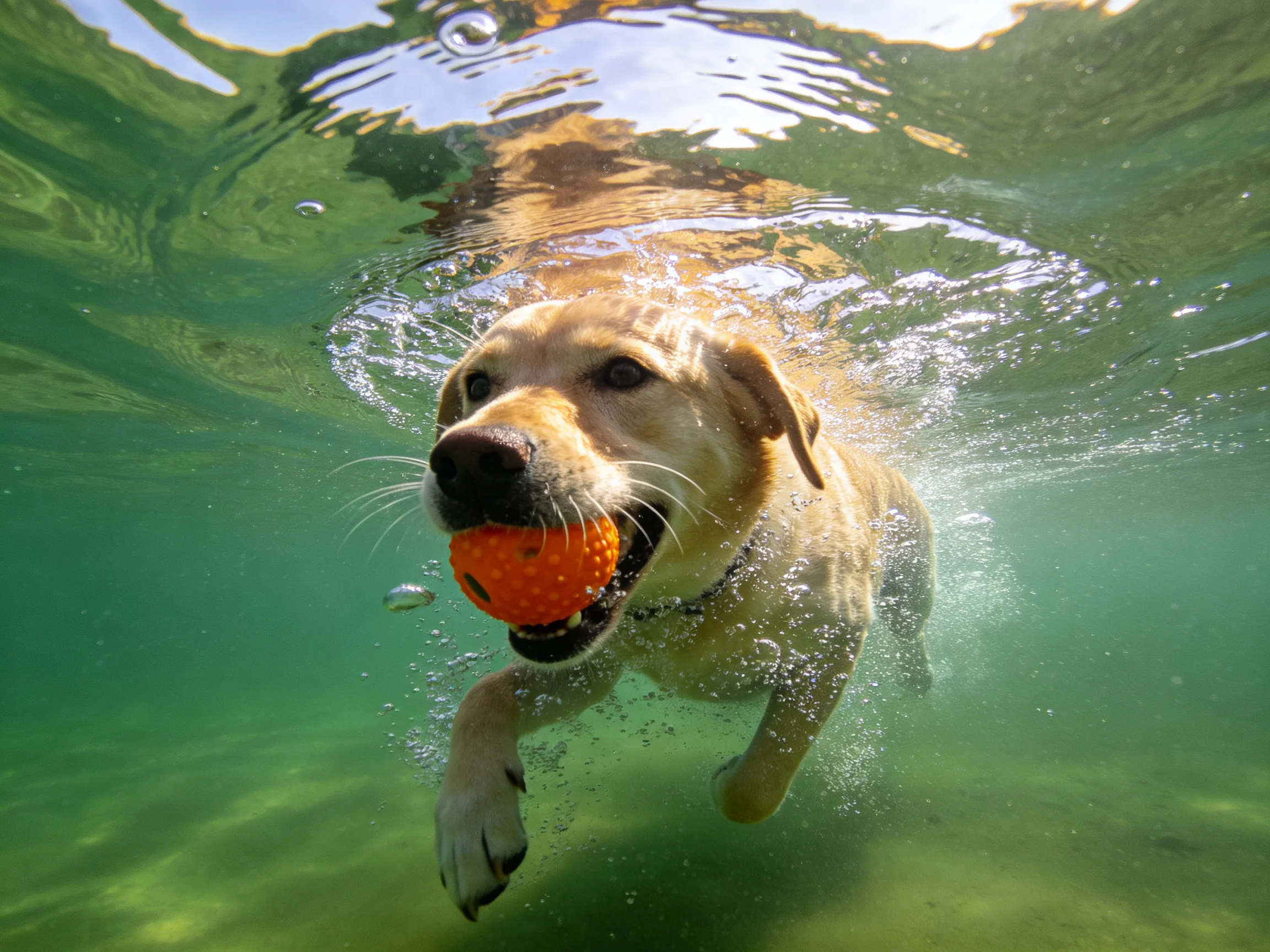A golden retriever swims underwater with an orange ball