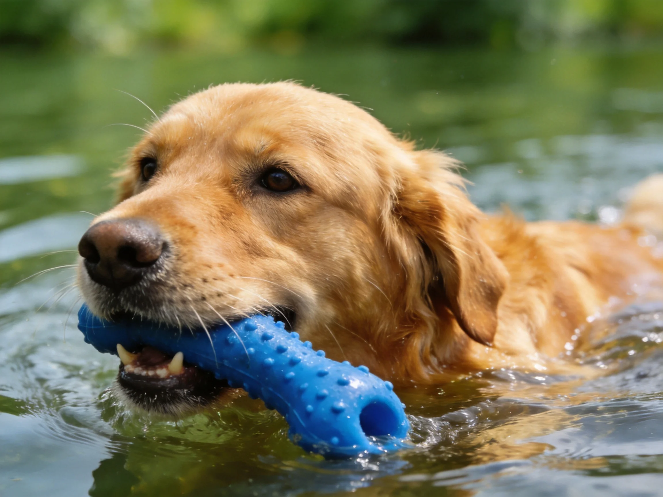 A golden retriever swims while carrying a blue rubber toy.