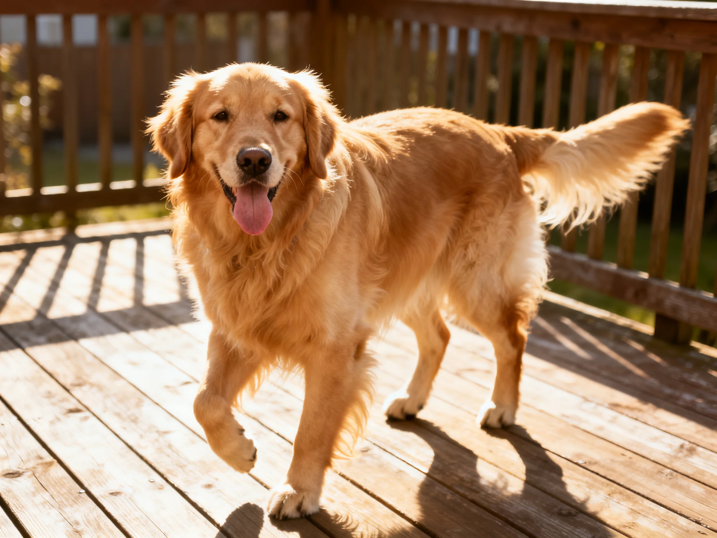 A golden retriever trotting on a sun-drenched wooden deck