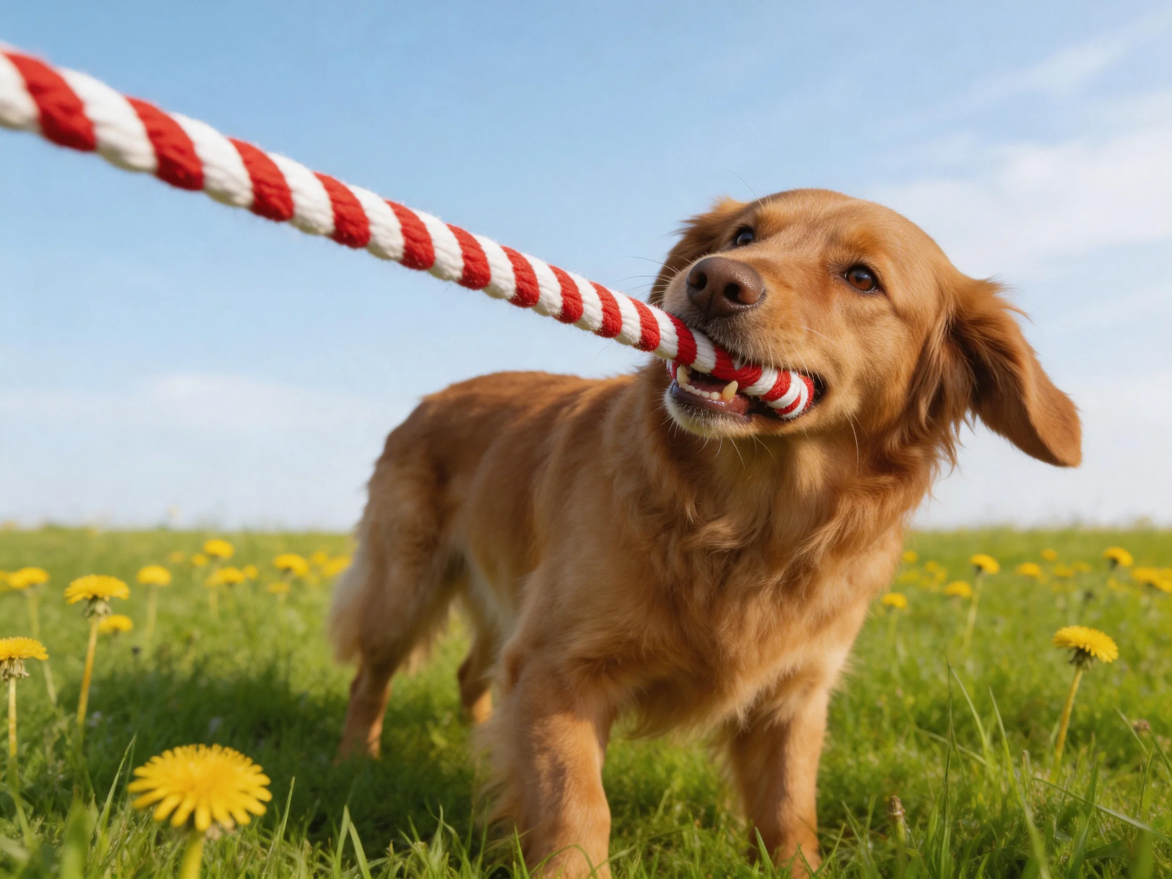 A golden retriever tugs a red-and-white rope toy in a flower-filled meadow