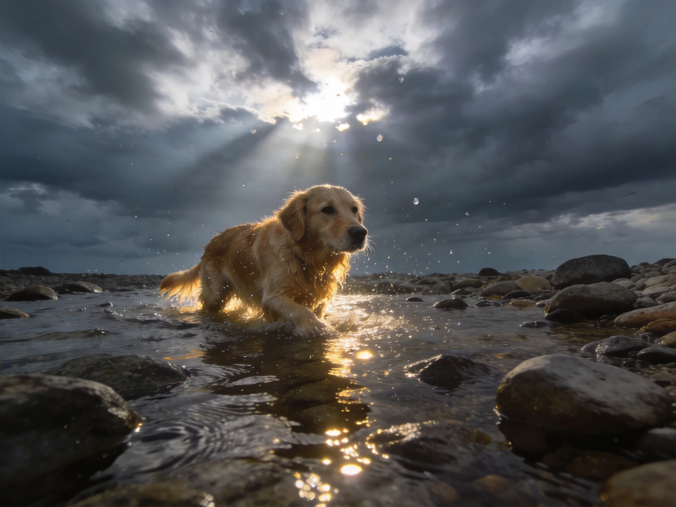 A golden retriever navigates shallow water amid scattered rocks beneath dark, cloudy skies.