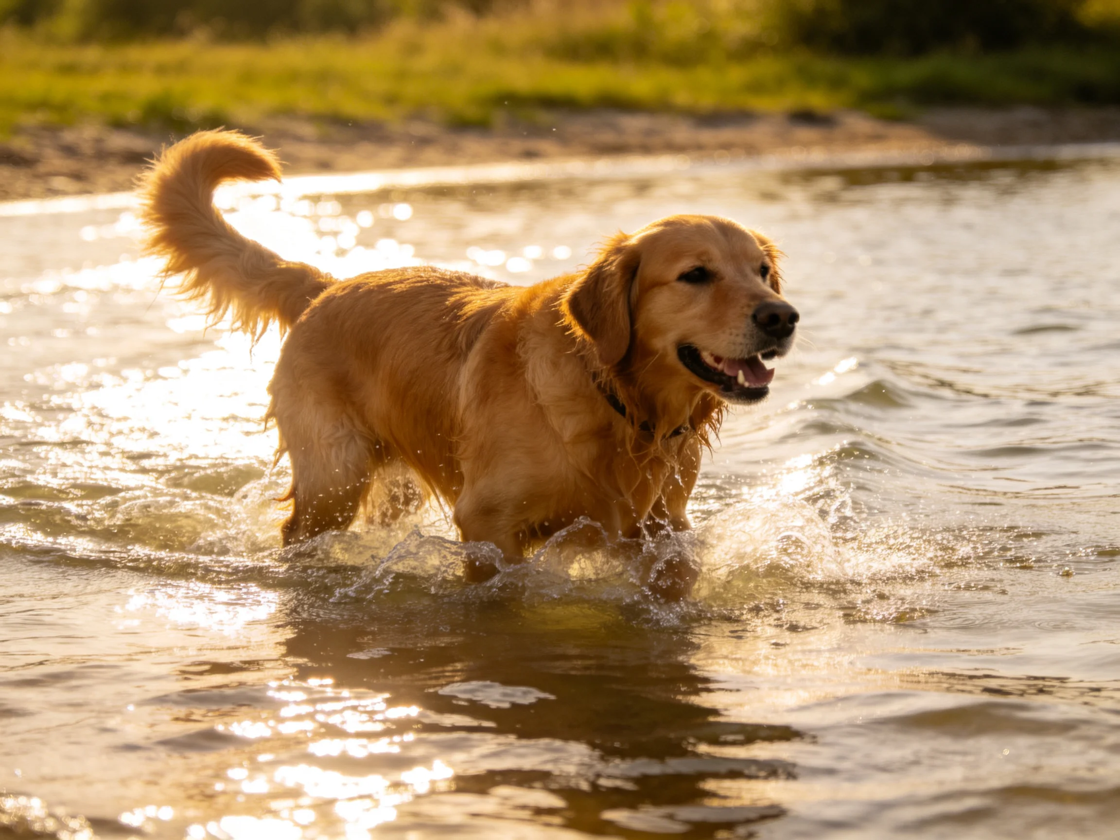A golden retriever wades through shallow, sunlit water near a shore